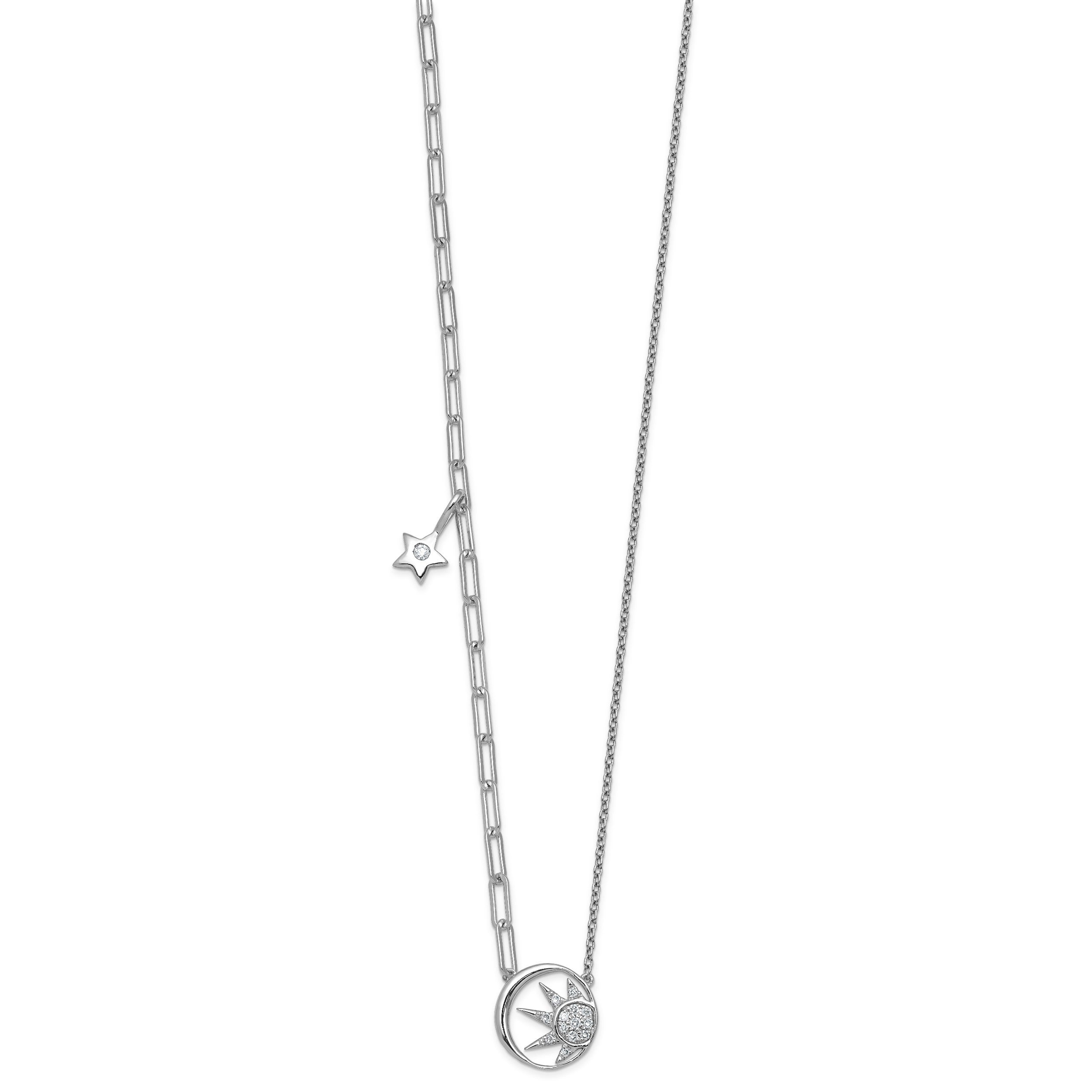 0.10 Ct Round White Lab Grown Diamond Prong 14K White Gold Sun & Star Paperclip Cable Chain Necklace