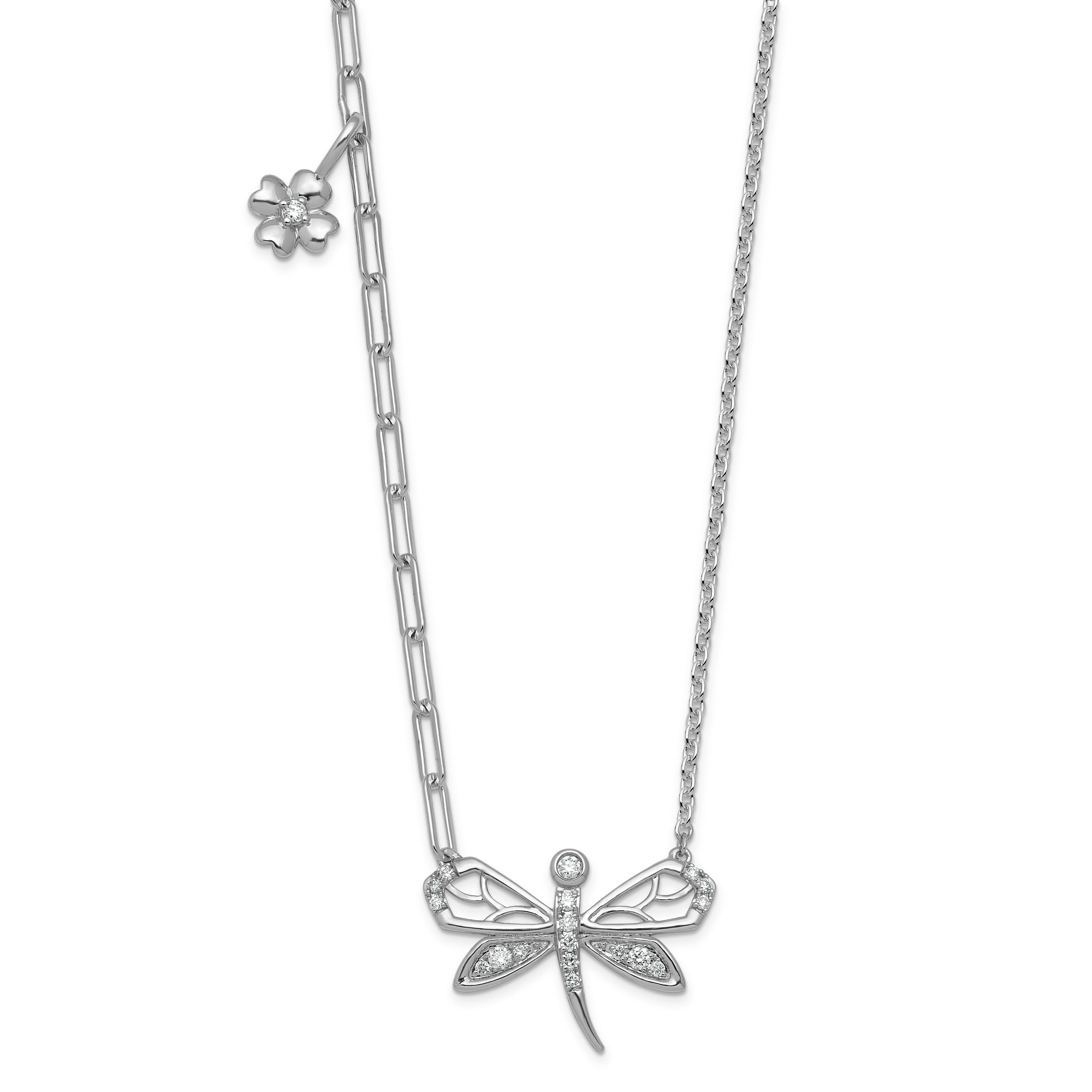 0.18 Ct Round White Lab Diamond Prong 14K White Gold Dragonfly & Floral Charm Paperclip Cable Chain Necklace