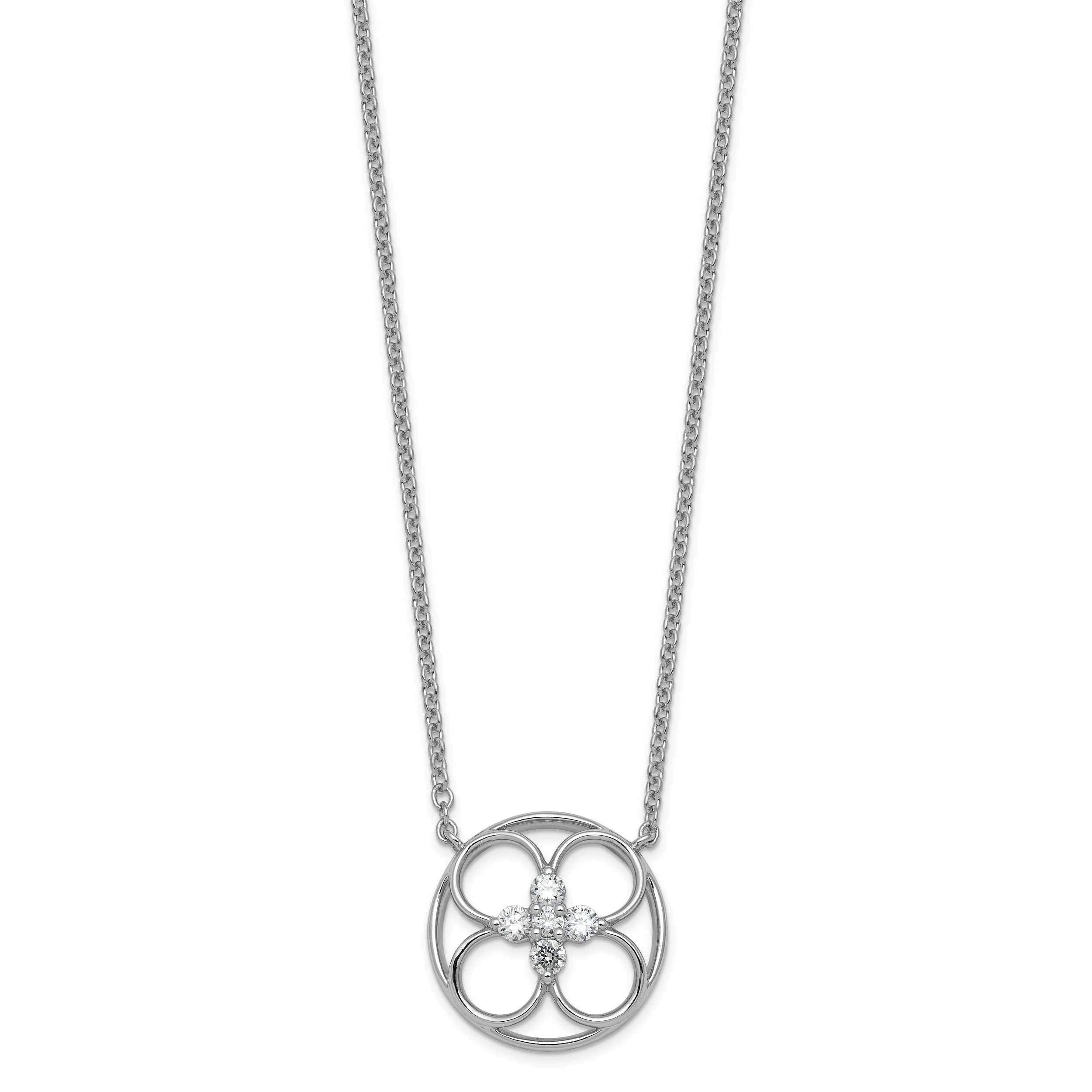 Round White Lab Grown Diamond Prong 14K White Gold Floral Quatrefoil Cable Chain Necklace