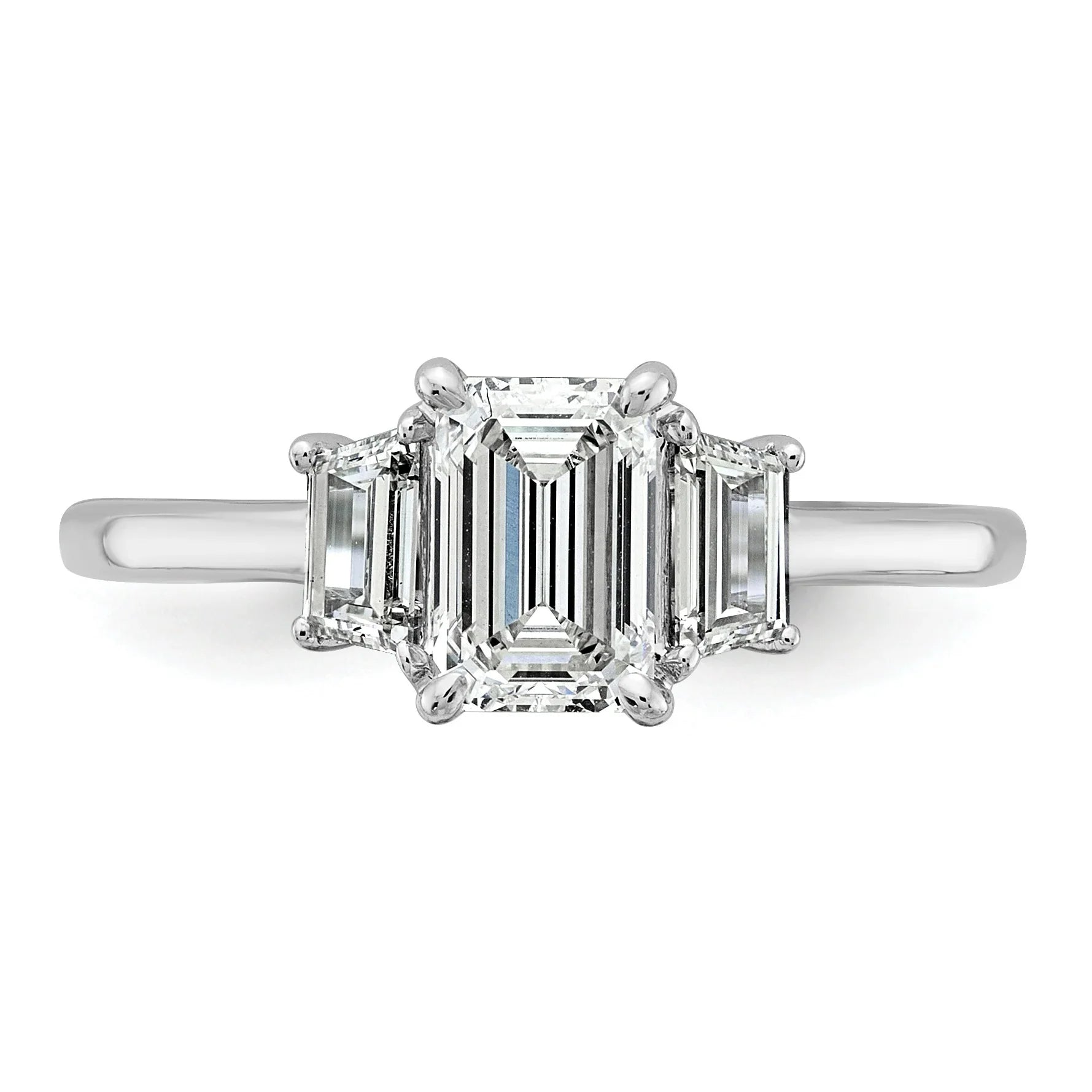 14k White Gold Diamond Emerald and Trapezoid 3-Stone Bridal Rings - Fine Diamond