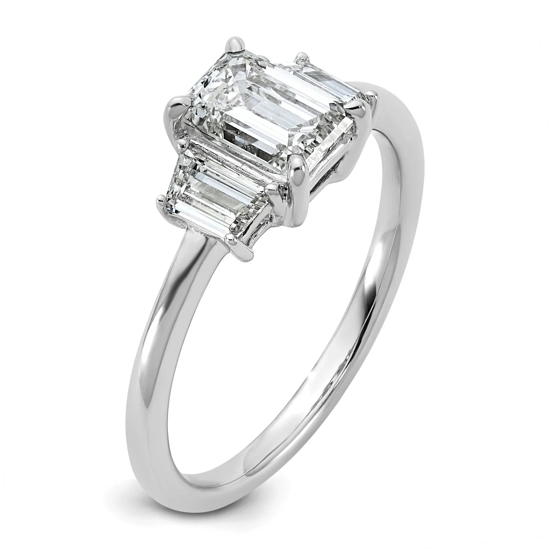 14k White Gold Diamond Emerald and Trapezoid 3-Stone Bridal Rings - Fine Diamond