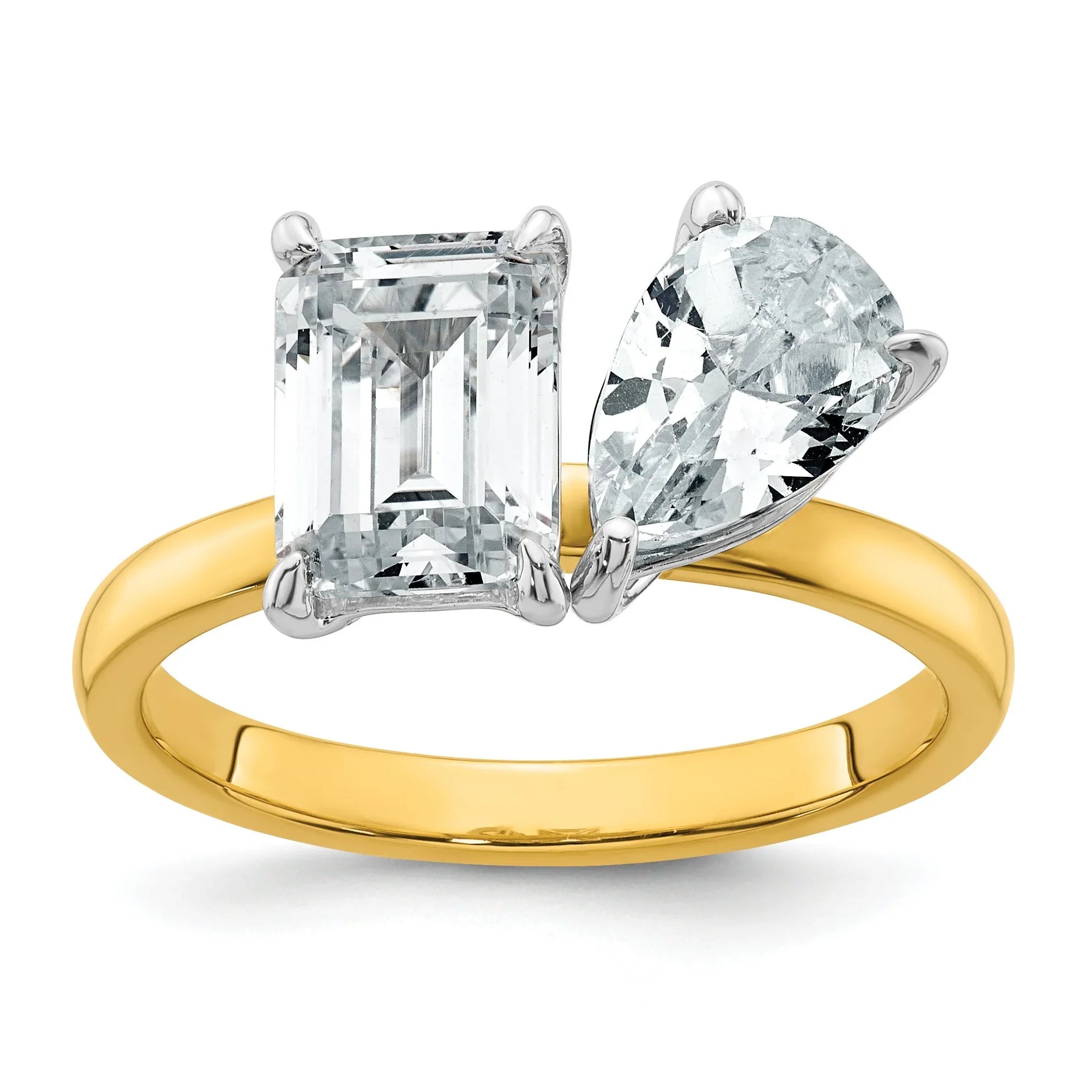 14K Yellow Gold Lab Grown Diamond Pear and Emerald Two Stone Ring 2.88 Ct - Fine Diamond