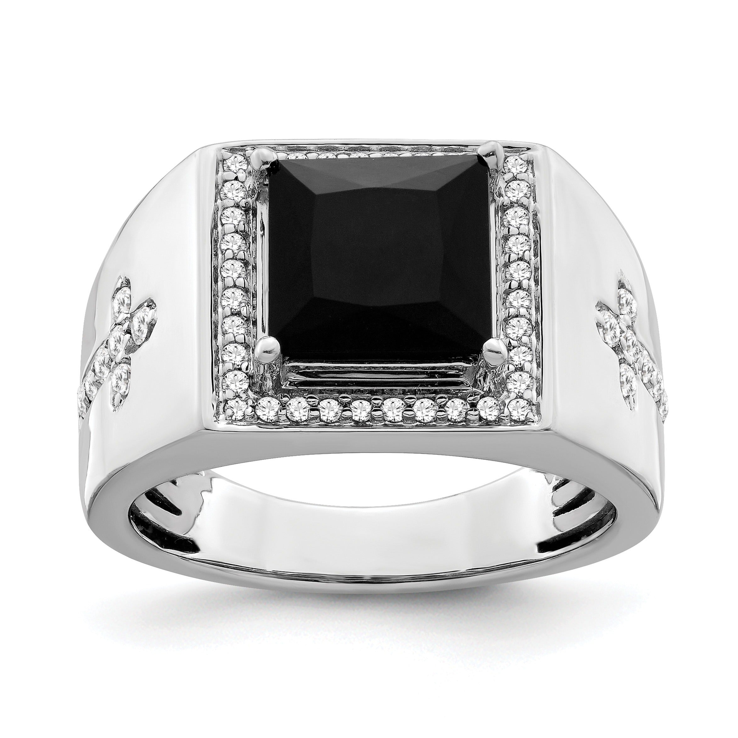 14k Gold 1/2 ct Lab Grown Diamond and Onyx Side Cross Square Men's Ring