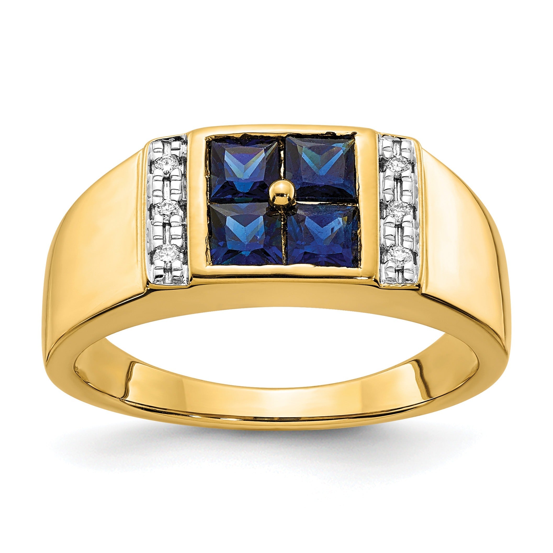 Lab Grown Diamond and Lab Created Blue Sapphire Men's Ring 1/20 ct 14k Yellow Gold