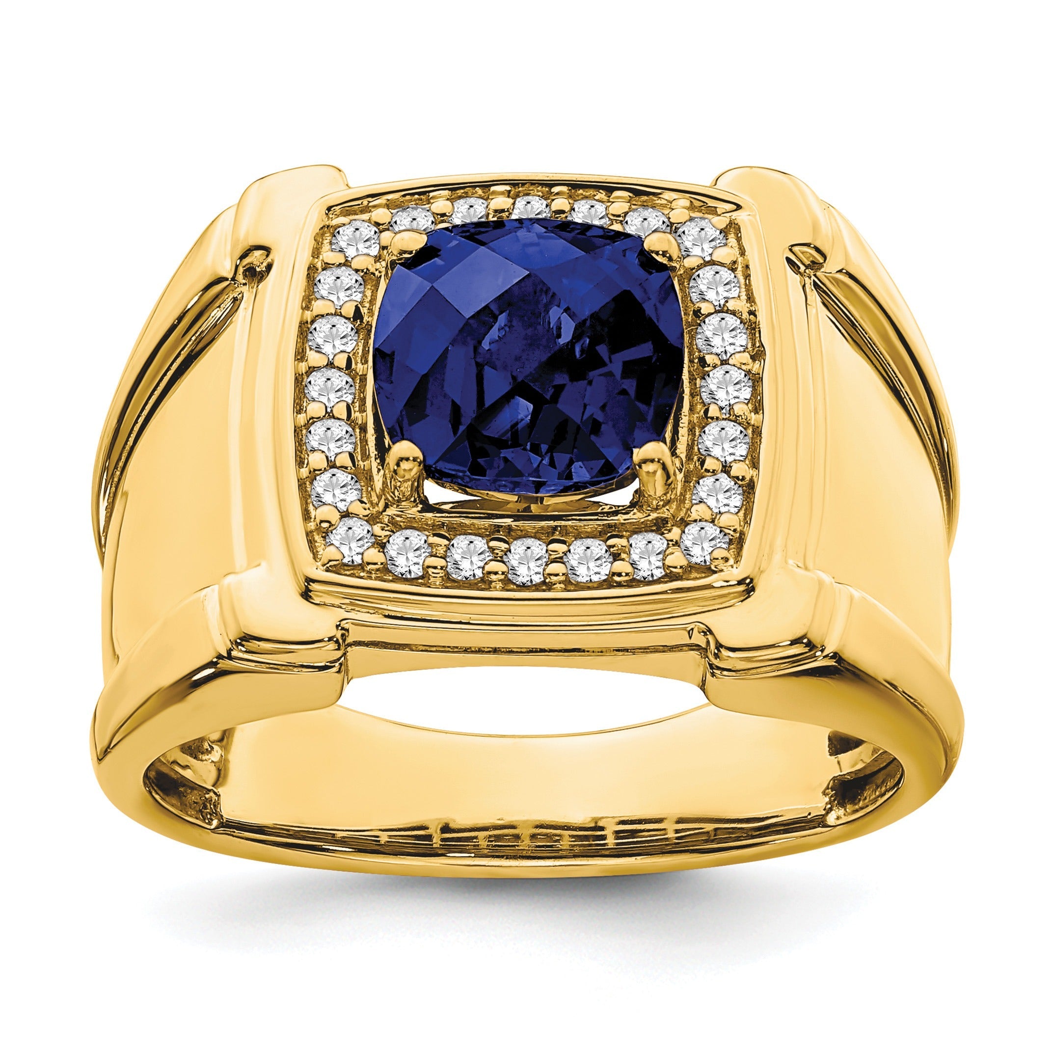 1/4 ct Lab Grown Diamond and Created Blue Sapphire Men's Halo Ring 14k Gold