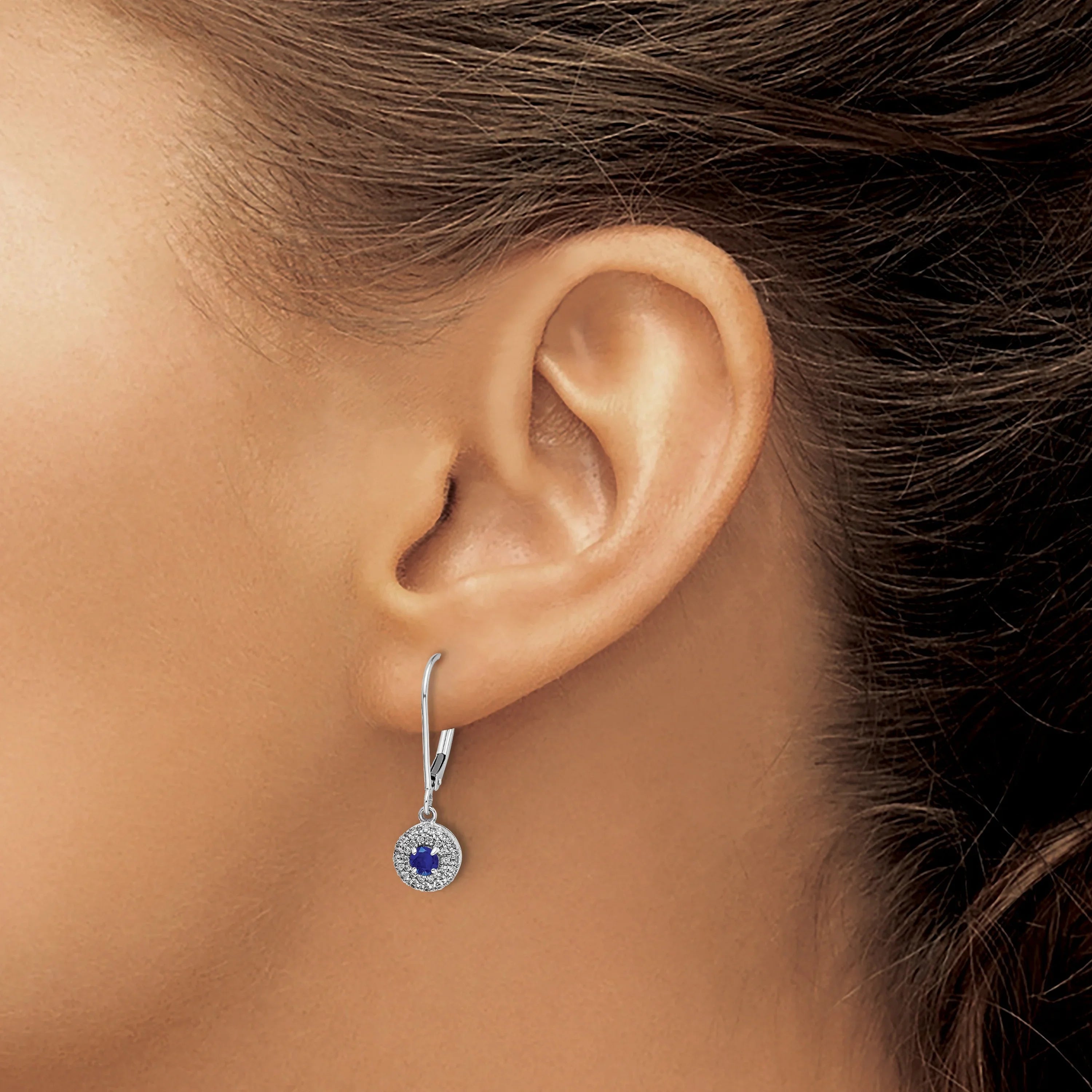 14k White Gold Lab Diamond and Created Sapphire Drop Leverback Earrings - Fine Diamond
