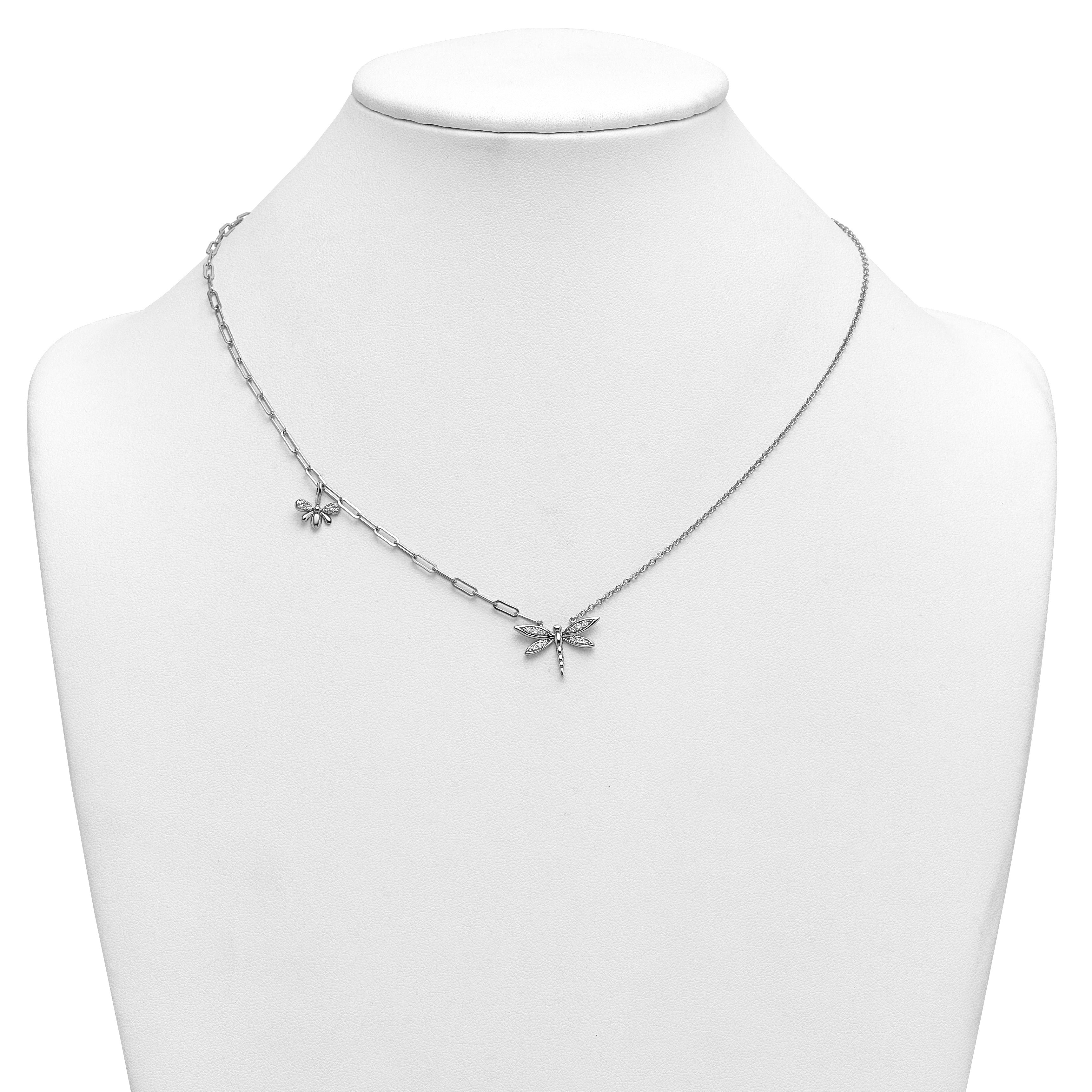 0.22 Ct Round White Lab Grown Diamond Prong 14K White Gold Dragonfly Paperclip Cable Chain Necklace