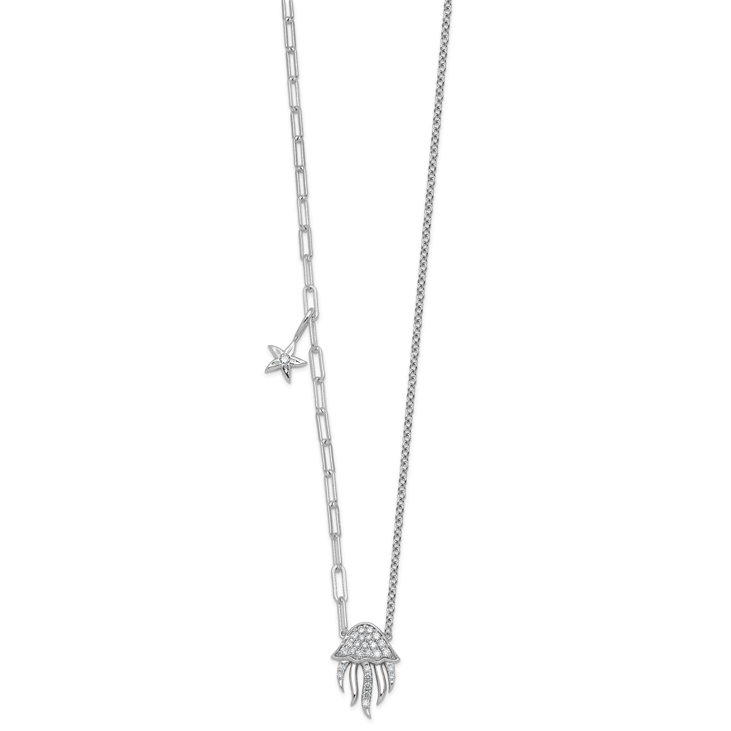0.23 Ct Round White Lab Diamond Prong 14K White Gold Jellyfish & Starfish Paperclip Cable Chain Necklace