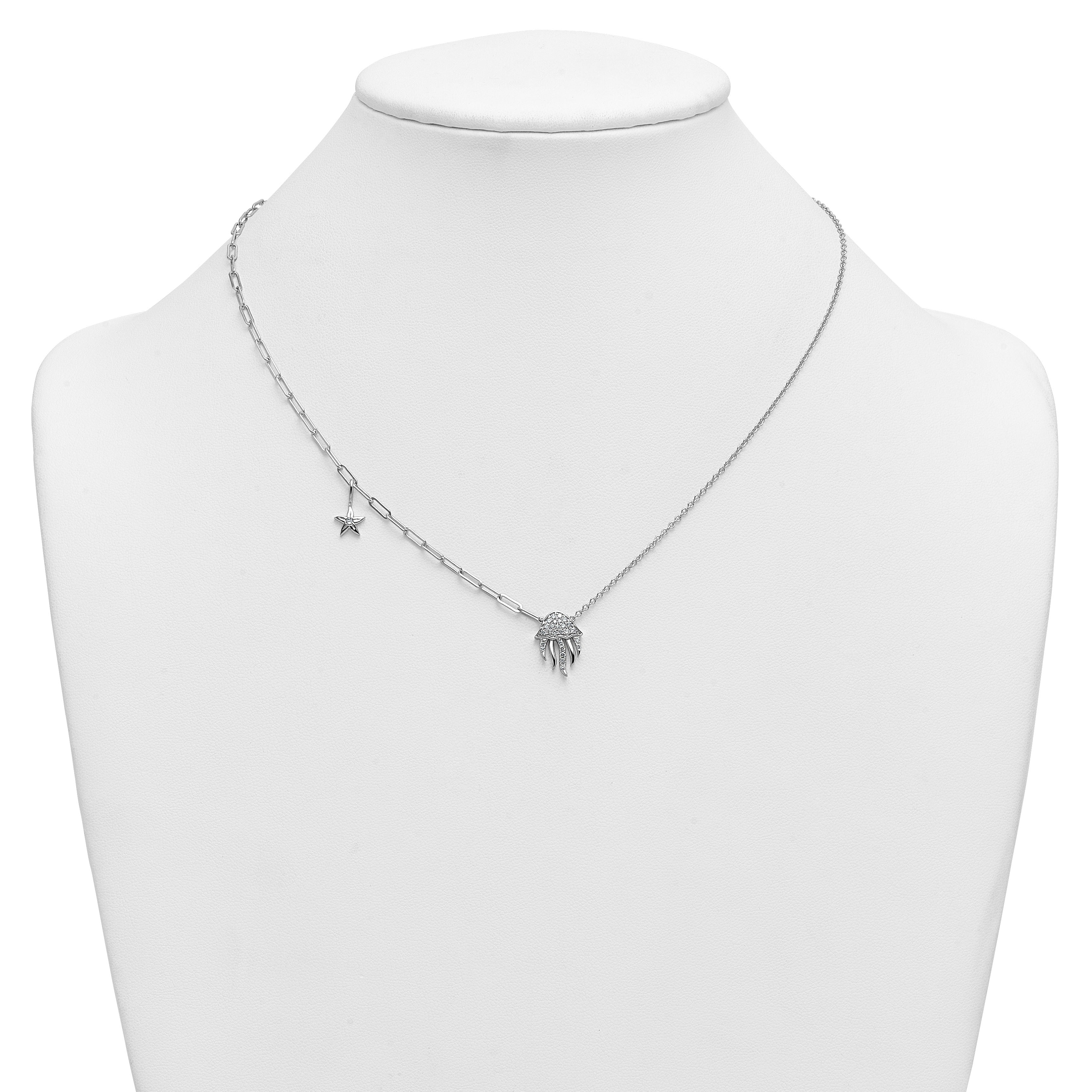 0.23 Ct Round White Lab Diamond Prong 14K White Gold Jellyfish & Starfish Paperclip Cable Chain Necklace