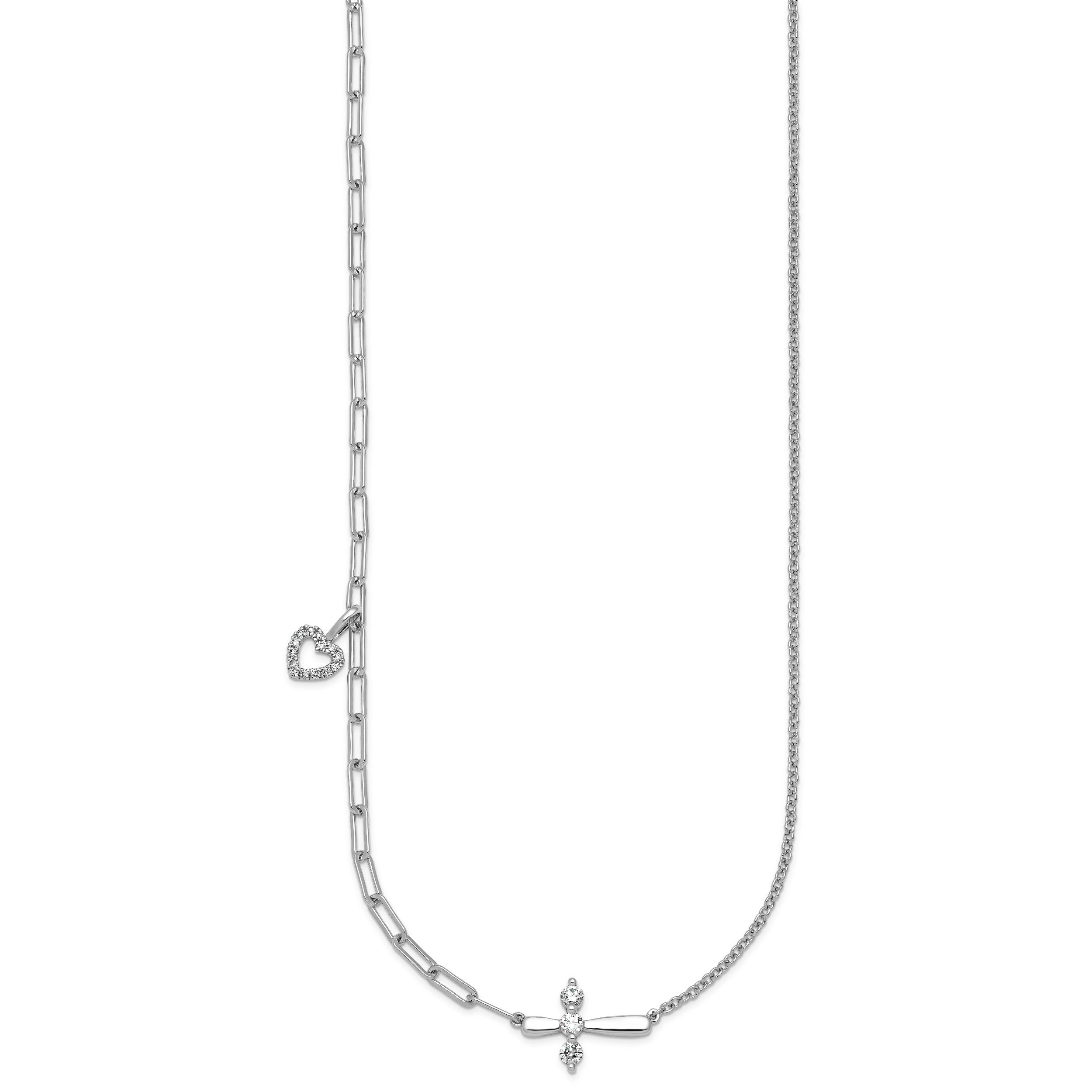 0.26 Ct Round White Lab Grown Diamond Prong 14K White Gold Cross & Heart Paperclip Cable Chain Necklace