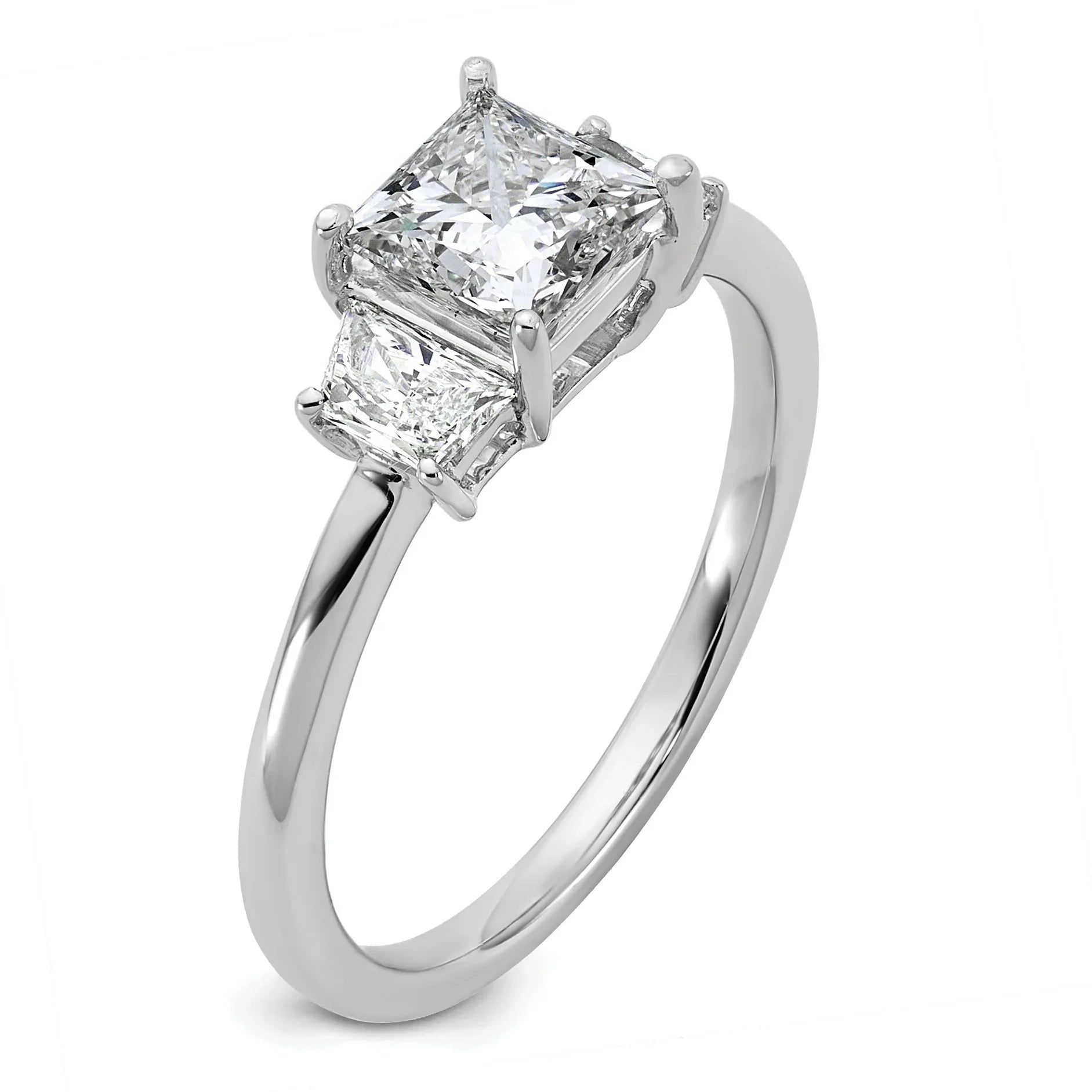 14K White Gold Lab Grown Diamond Princess & Trapezoid 3-Stone Bridal Rings - Fine Diamond