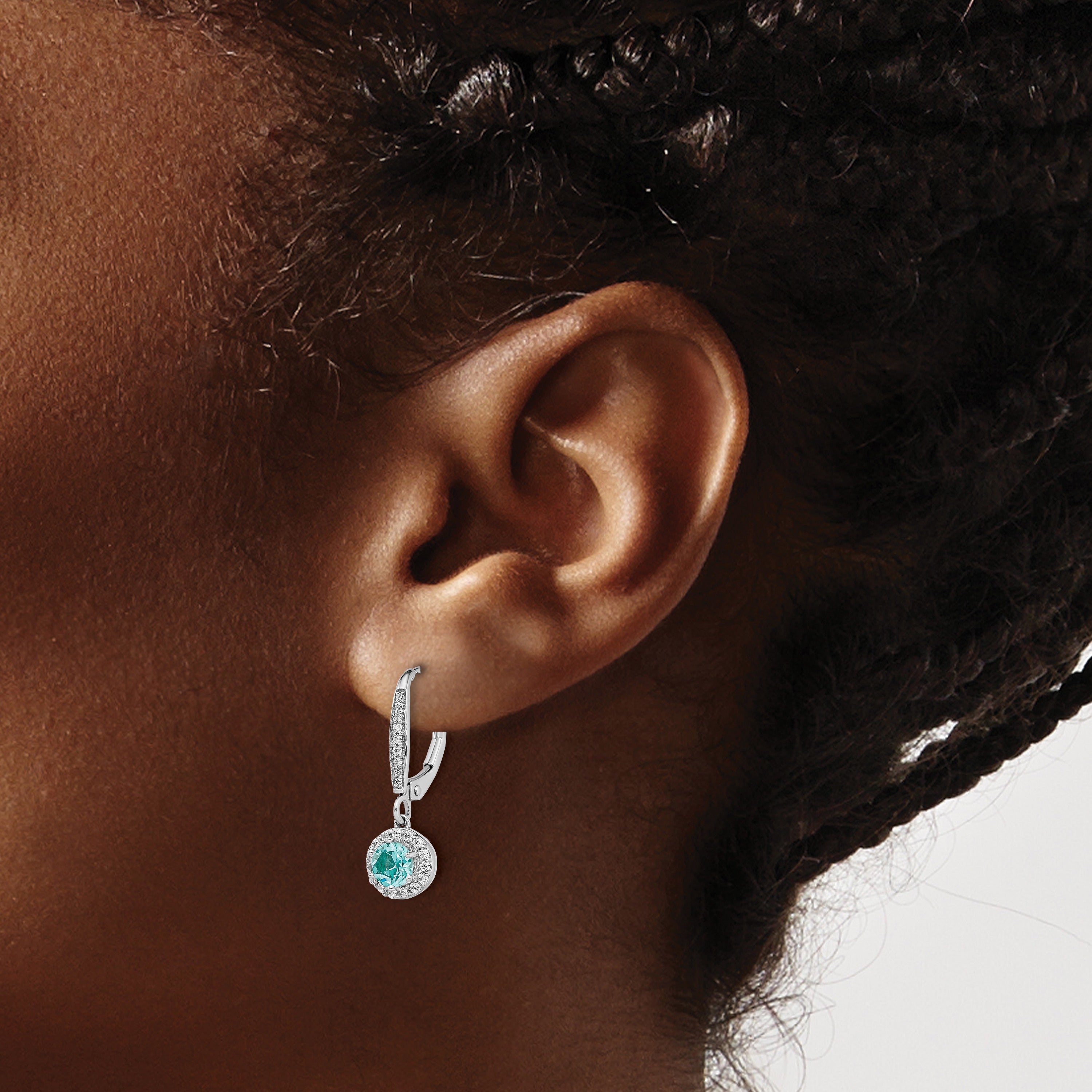 14k White Gold Lab Grown Diamond and Lab Created Paraiba Dangle Earrings