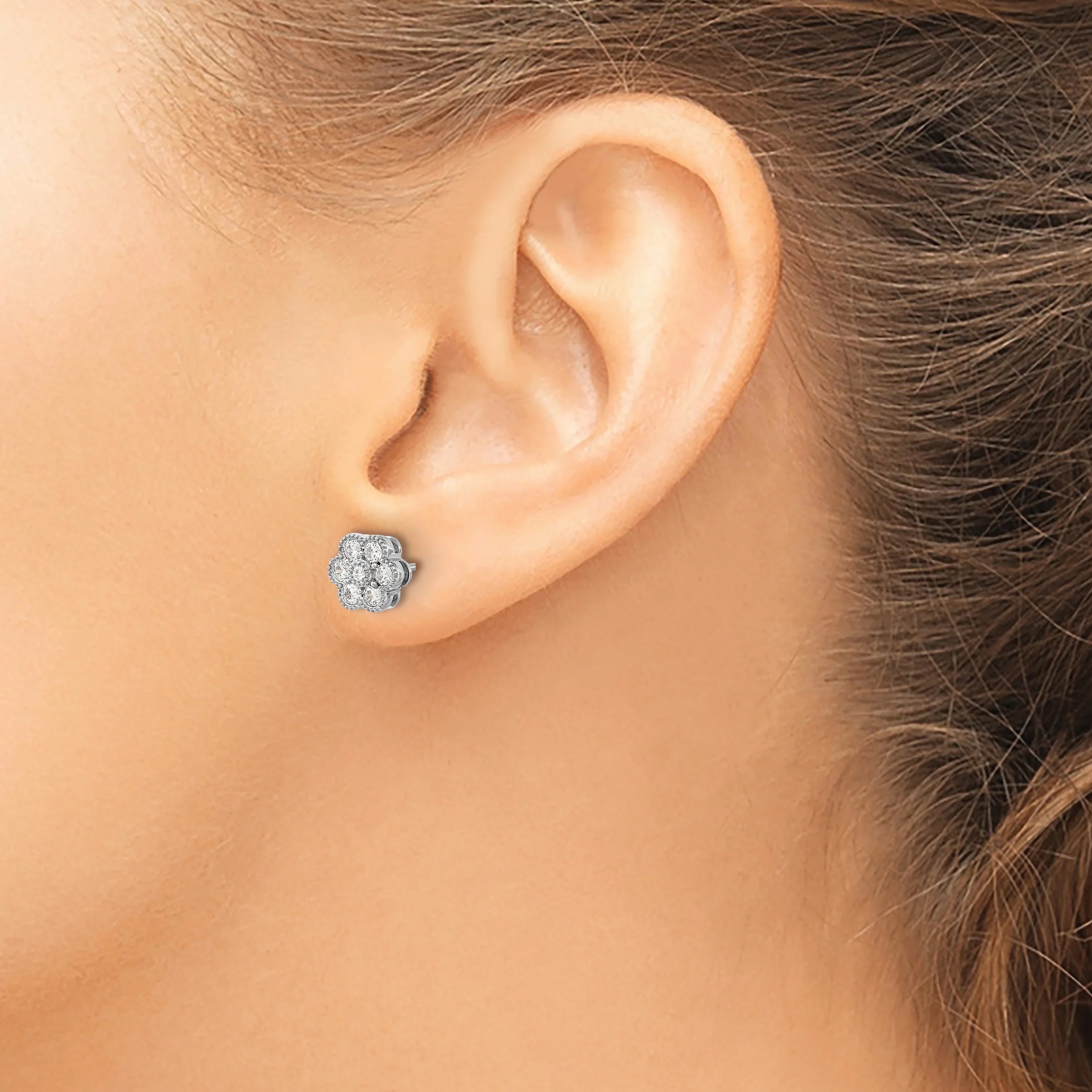 14k White Gold Lab Grown Diamond Floral Post Stud Earrings - Fine Diamond