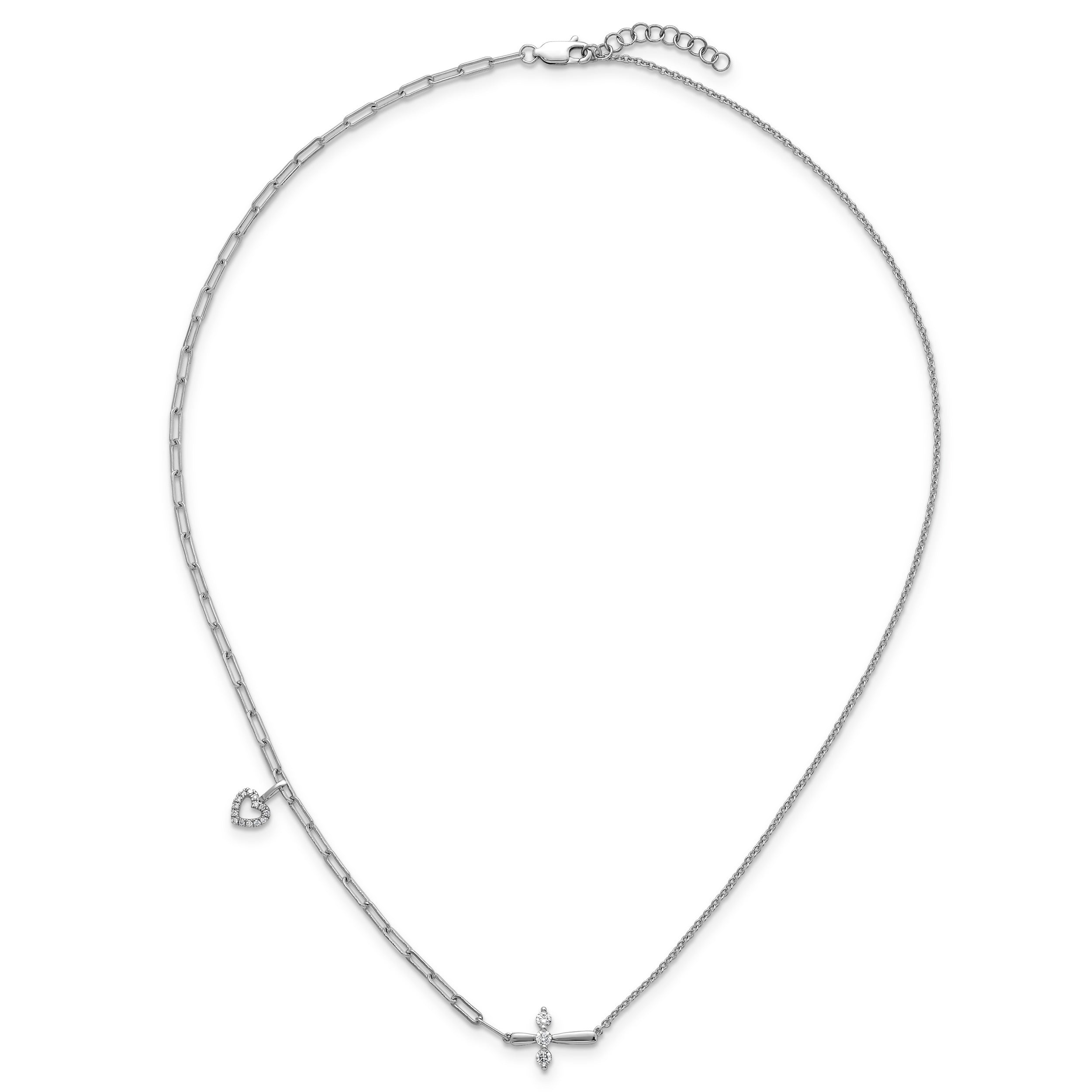 0.26 Ct Round White Lab Grown Diamond Prong 14K White Gold Cross & Heart Paperclip Cable Chain Necklace
