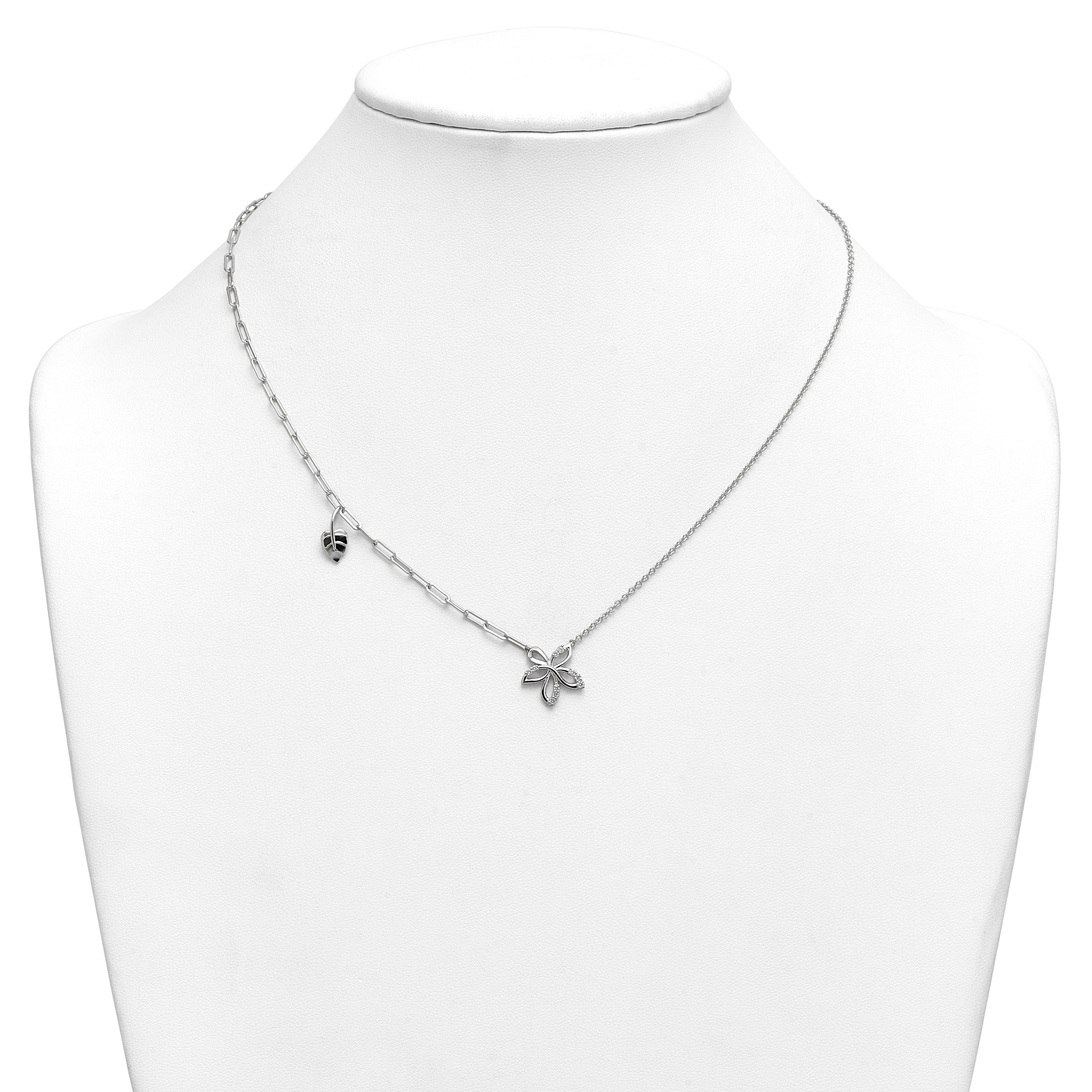 0.12 Ct Round White Lab Grown Diamond Prong 14K White Gold Flower & Heart Paperclip Cable Chain Necklace