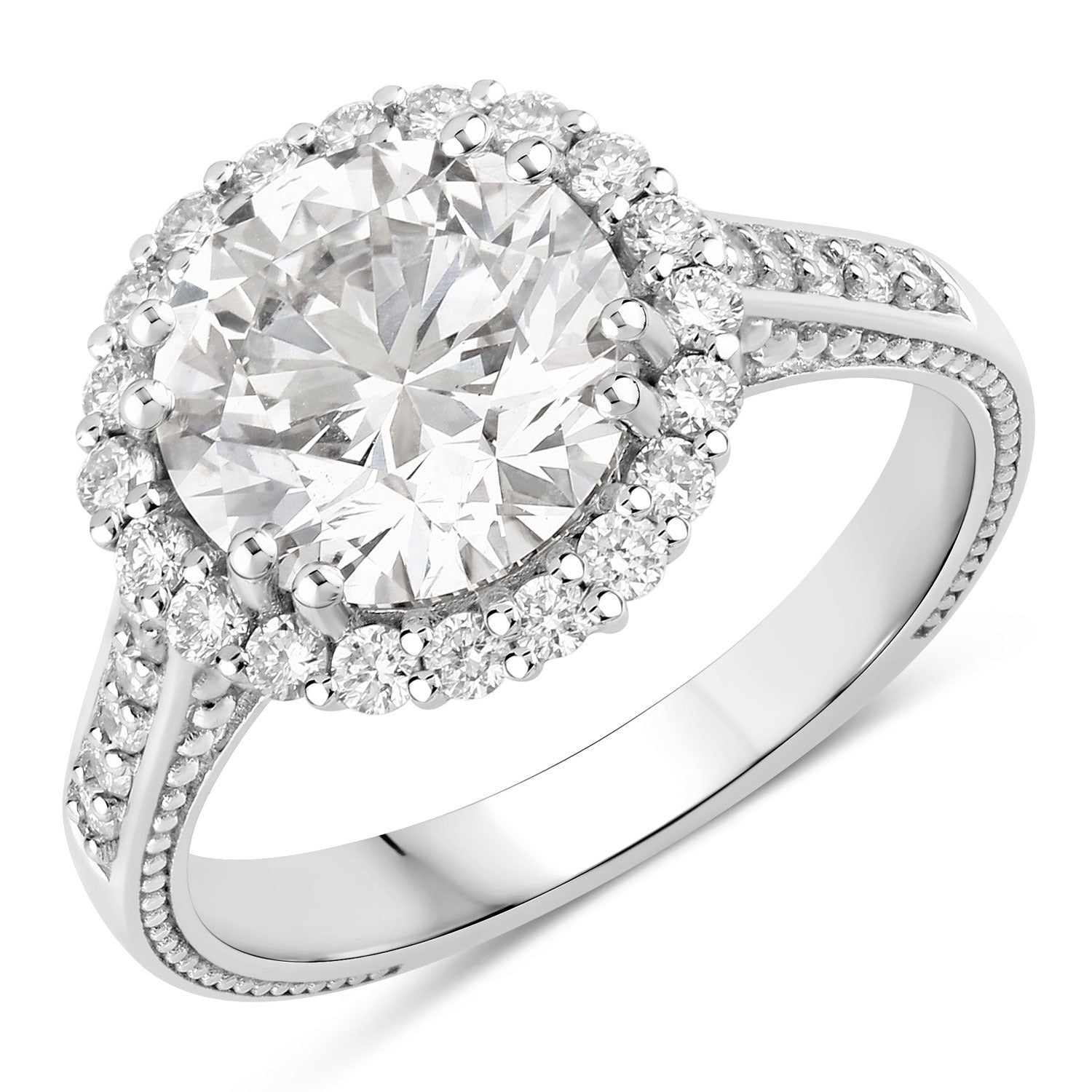 3.64 Ct Round Lab Diamond Prong Platinum Bridal Halo Pave Cathedral Ring