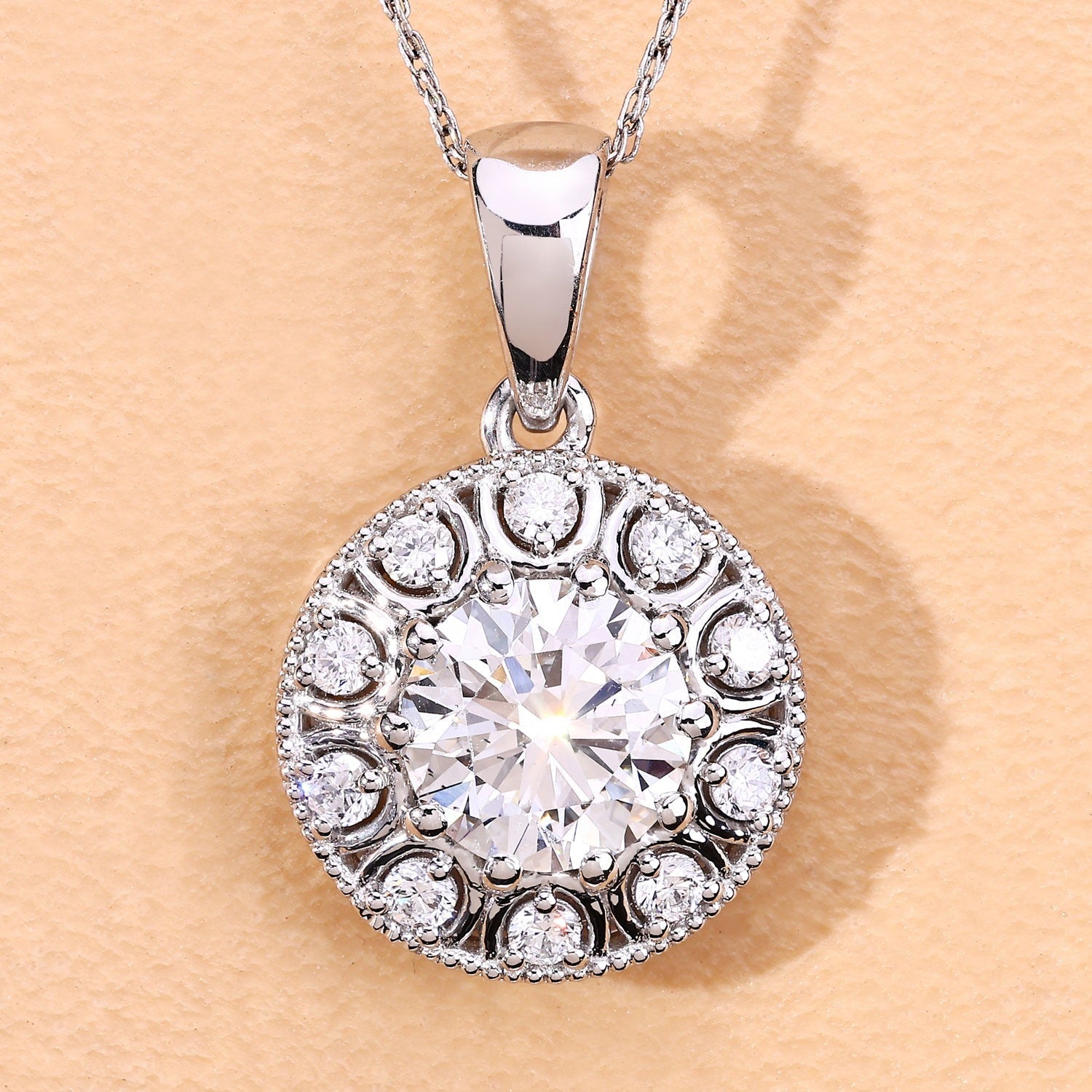 2.32 Ct Round Lab Grown Diamond Prong Platinum Bridal Halo Floral Pendant
