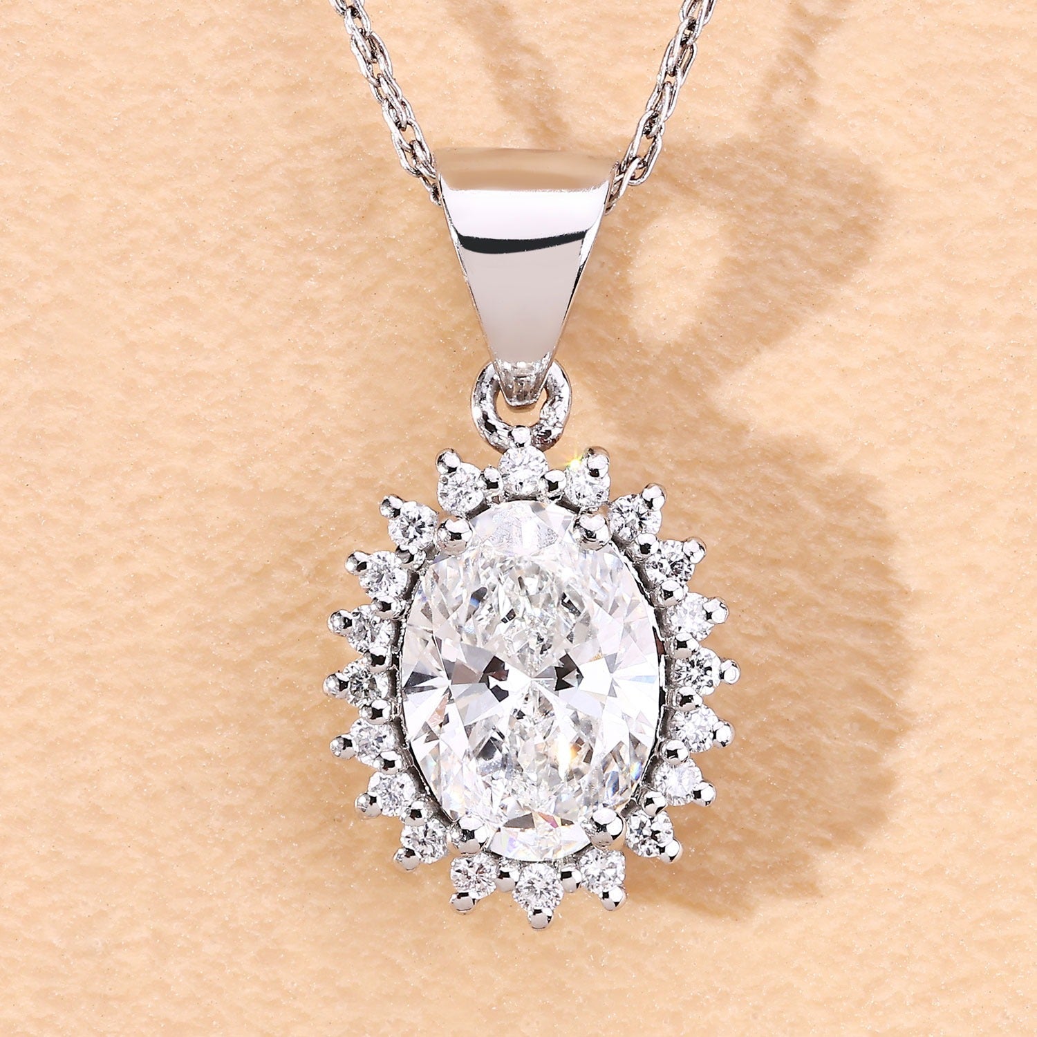 1.23 Ct Oval Lab Grown Diamond Prong Platinum Bridal Floral Halo Pendant