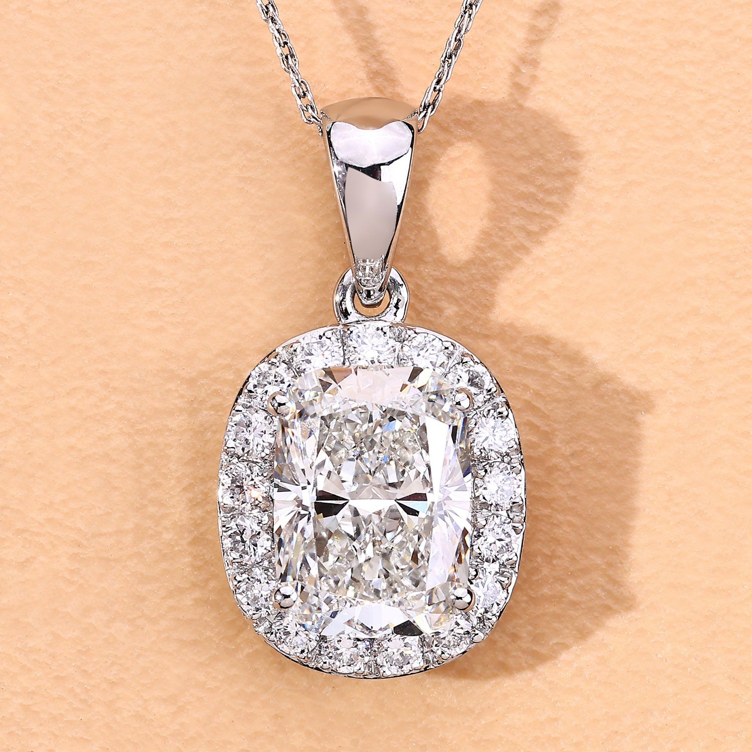 4.58 Ct Lab Grown Diamond Platinum Cushion Bridal Halo Pendant