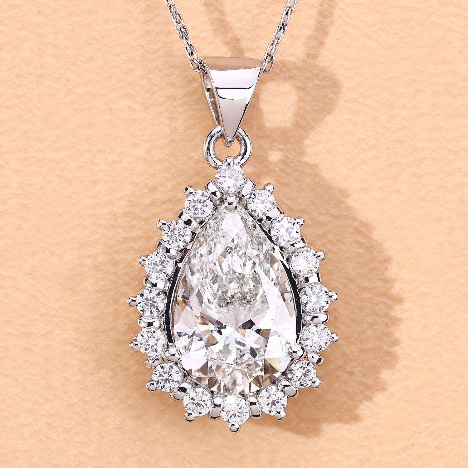3.56 Ct Lab Grown Diamond Platinum Halo Floral Bridal Teardrop Pendant