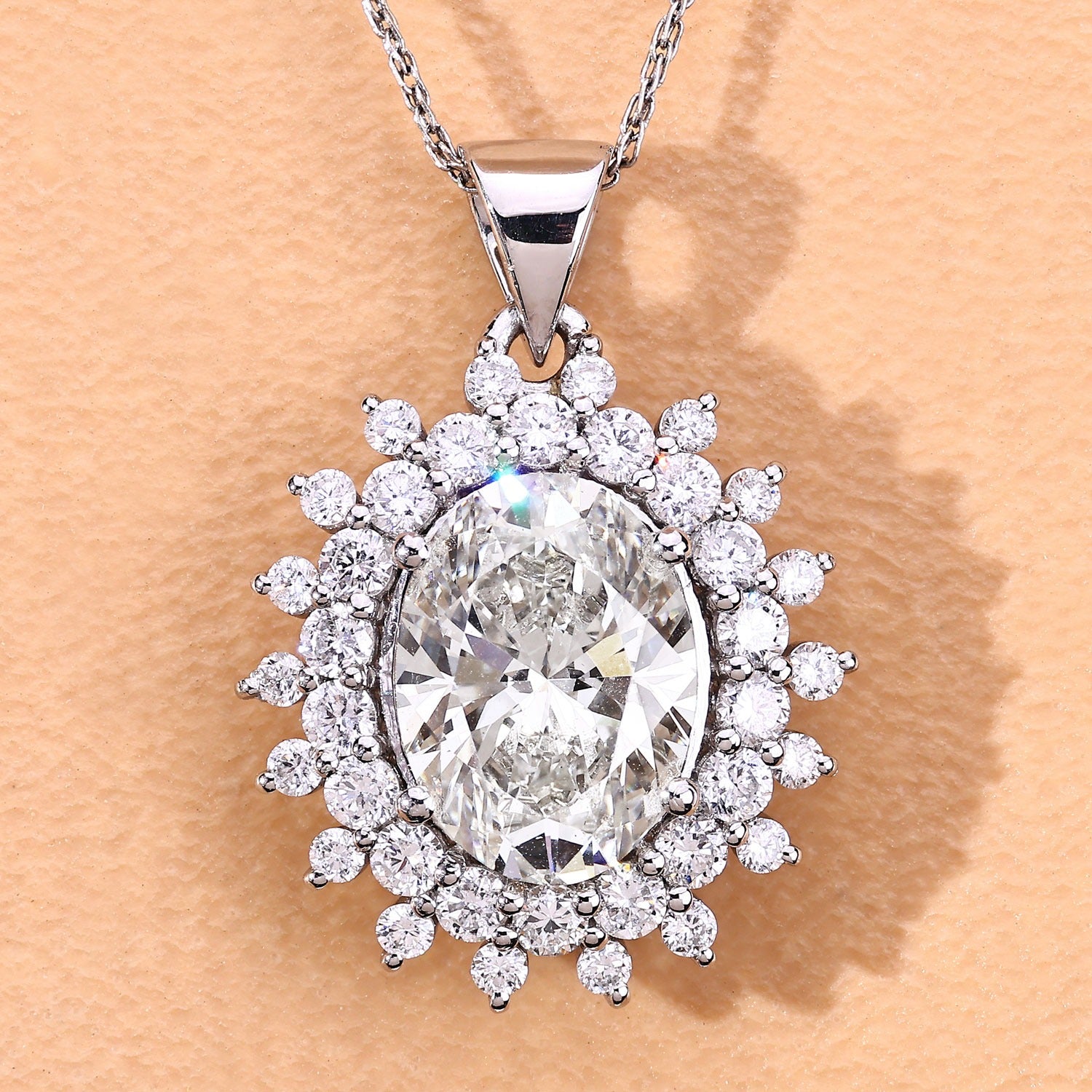 3.79 Ct Lab Grown Diamond Platinum Oval Floral Halo Bridal Pendant