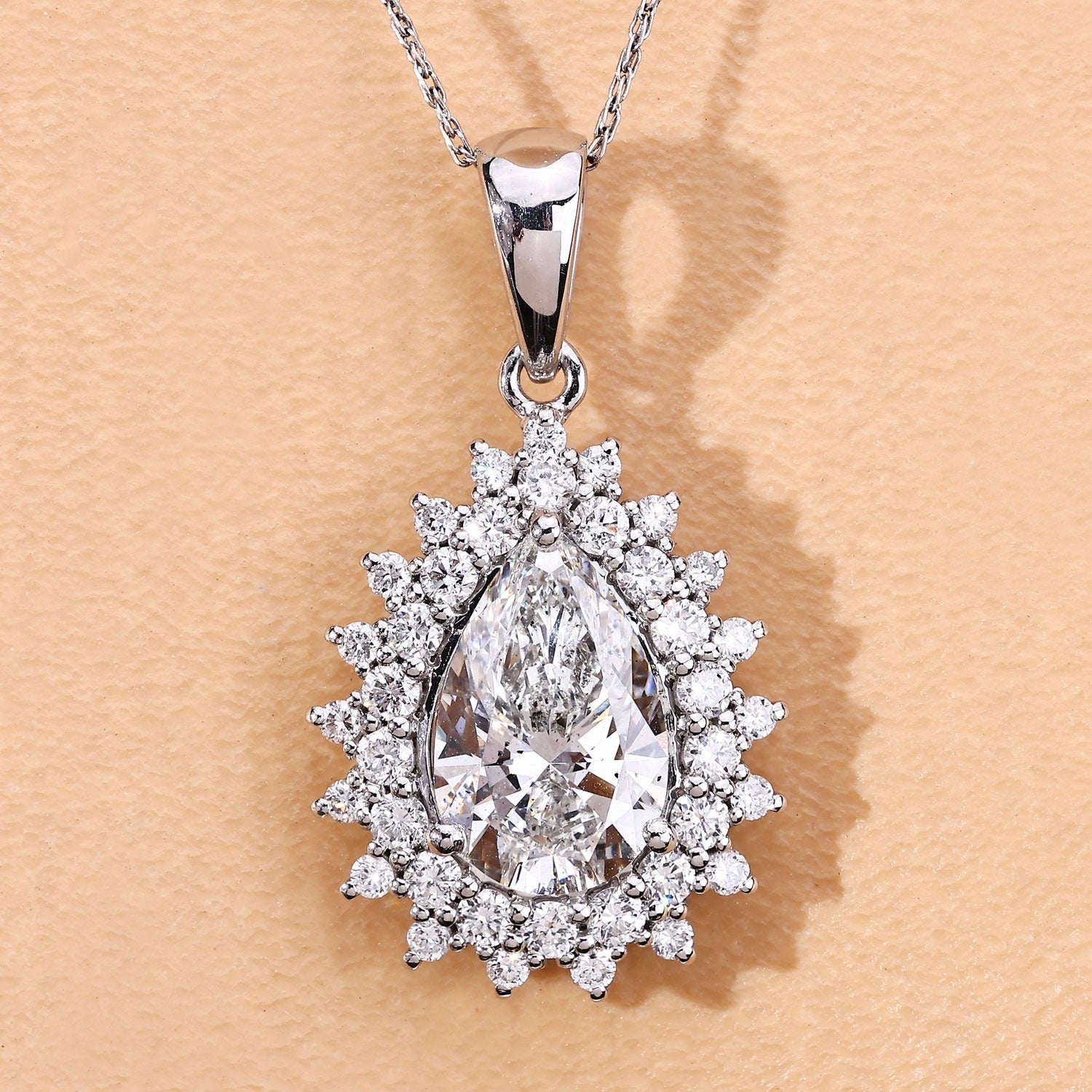 3.90 Ct Pear Shaped Lab Diamond Prong Platinum Bridal Floral Halo Teardrop Pendant