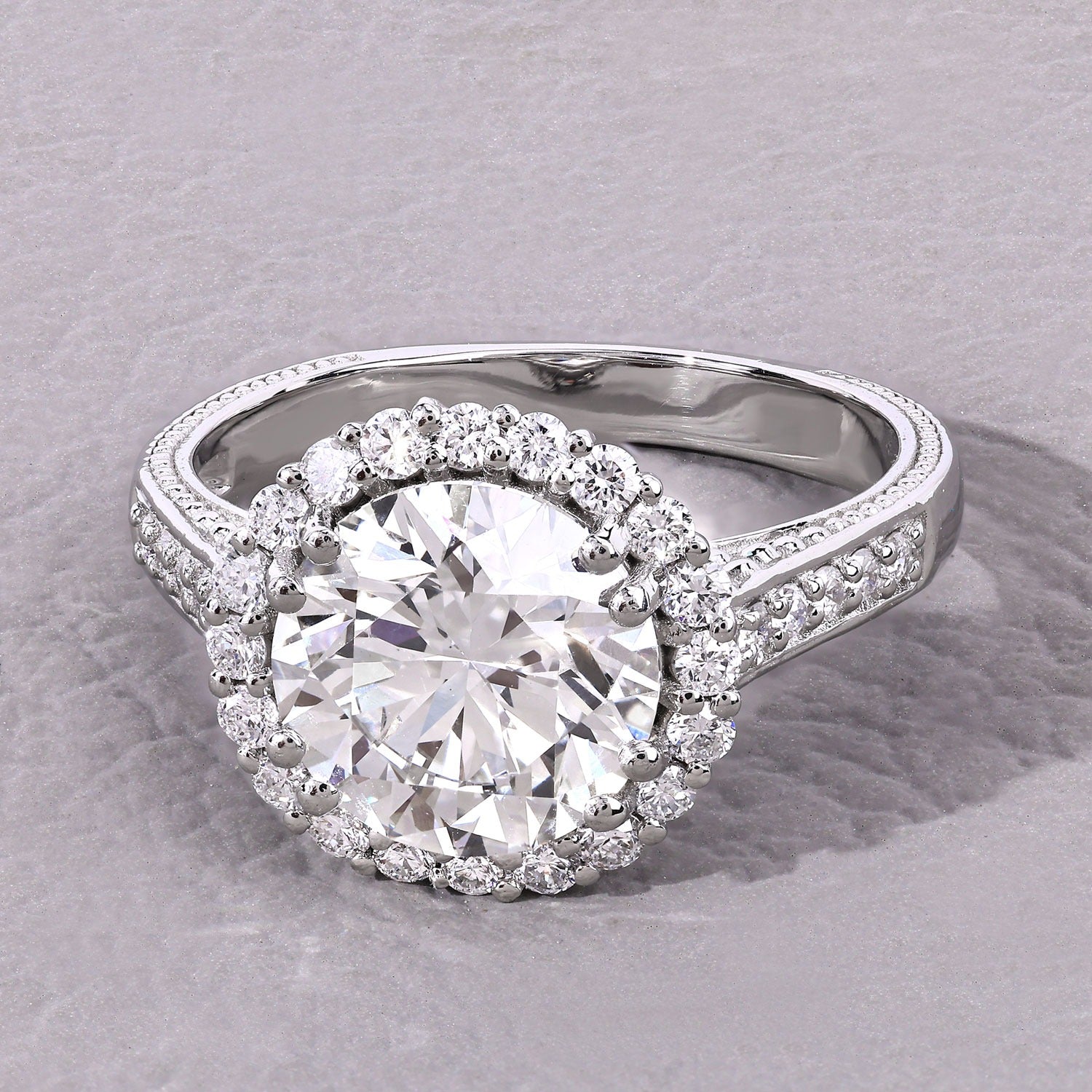 3.64 Ct Round Lab Diamond Platinum Bridal Halo Pave Cathedral Ring