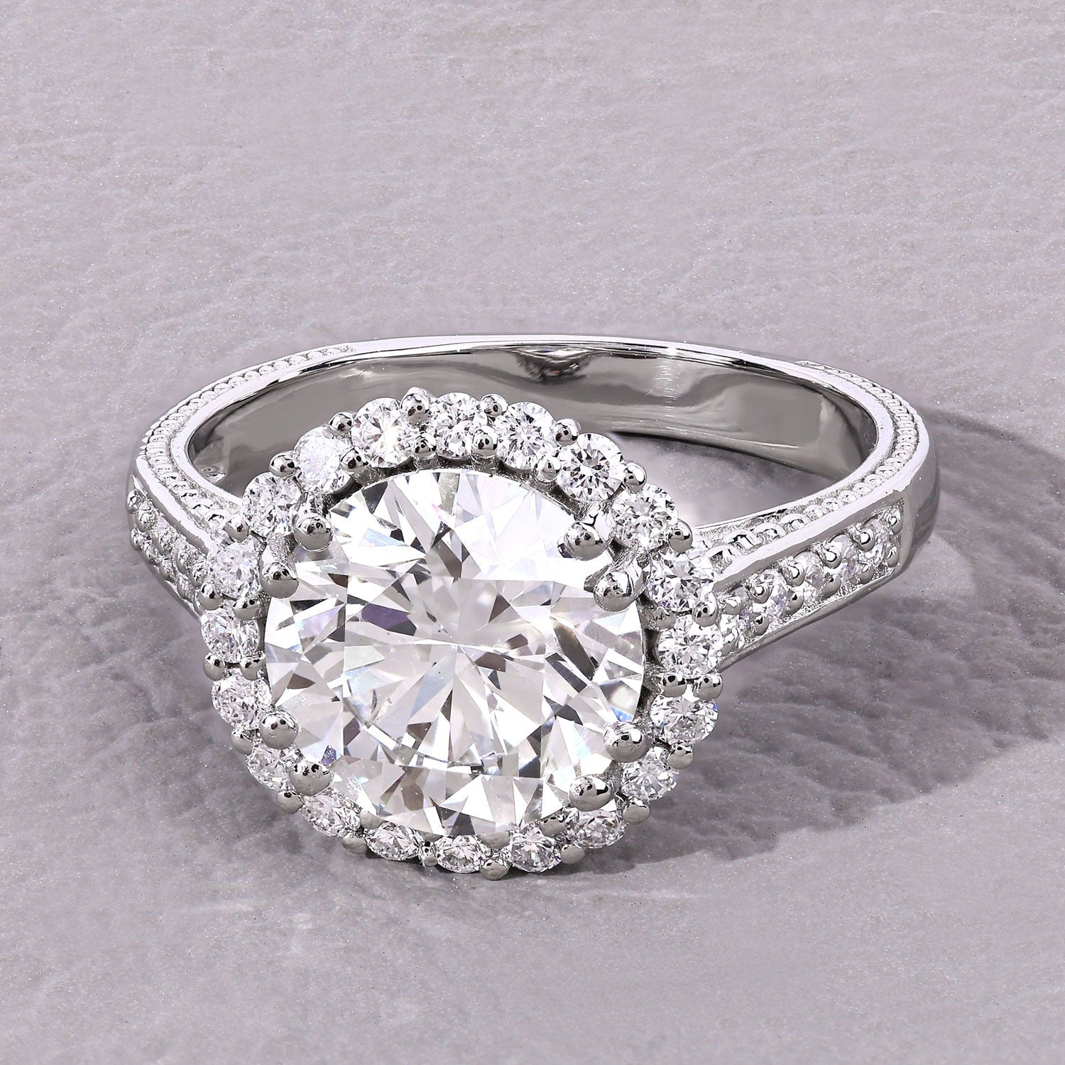 3.64 Ct Round Lab Diamond Prong Platinum Bridal Halo Pave Cathedral Ring