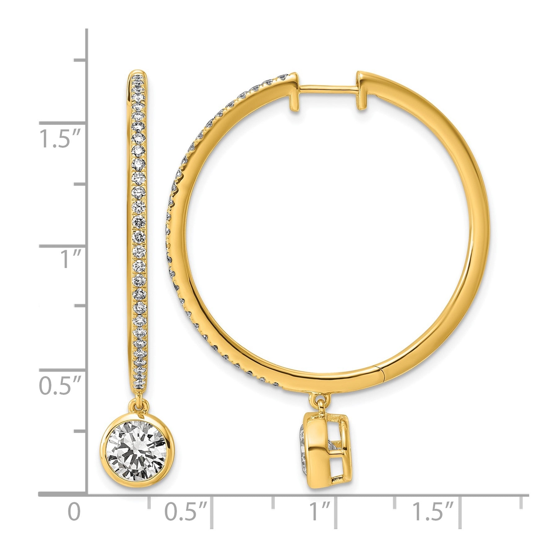 14k Yellow Gold Round Bezel Dangle Lab Diamond Hoop Earrings
