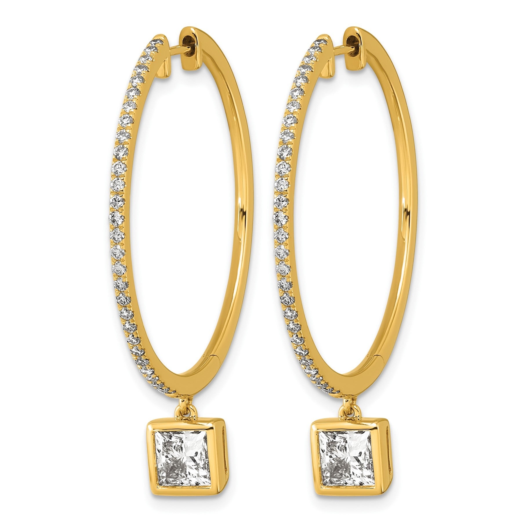 14k Yellow Gold Princess Bezel Dangle Lab Grown Diamond Hoop Earrings