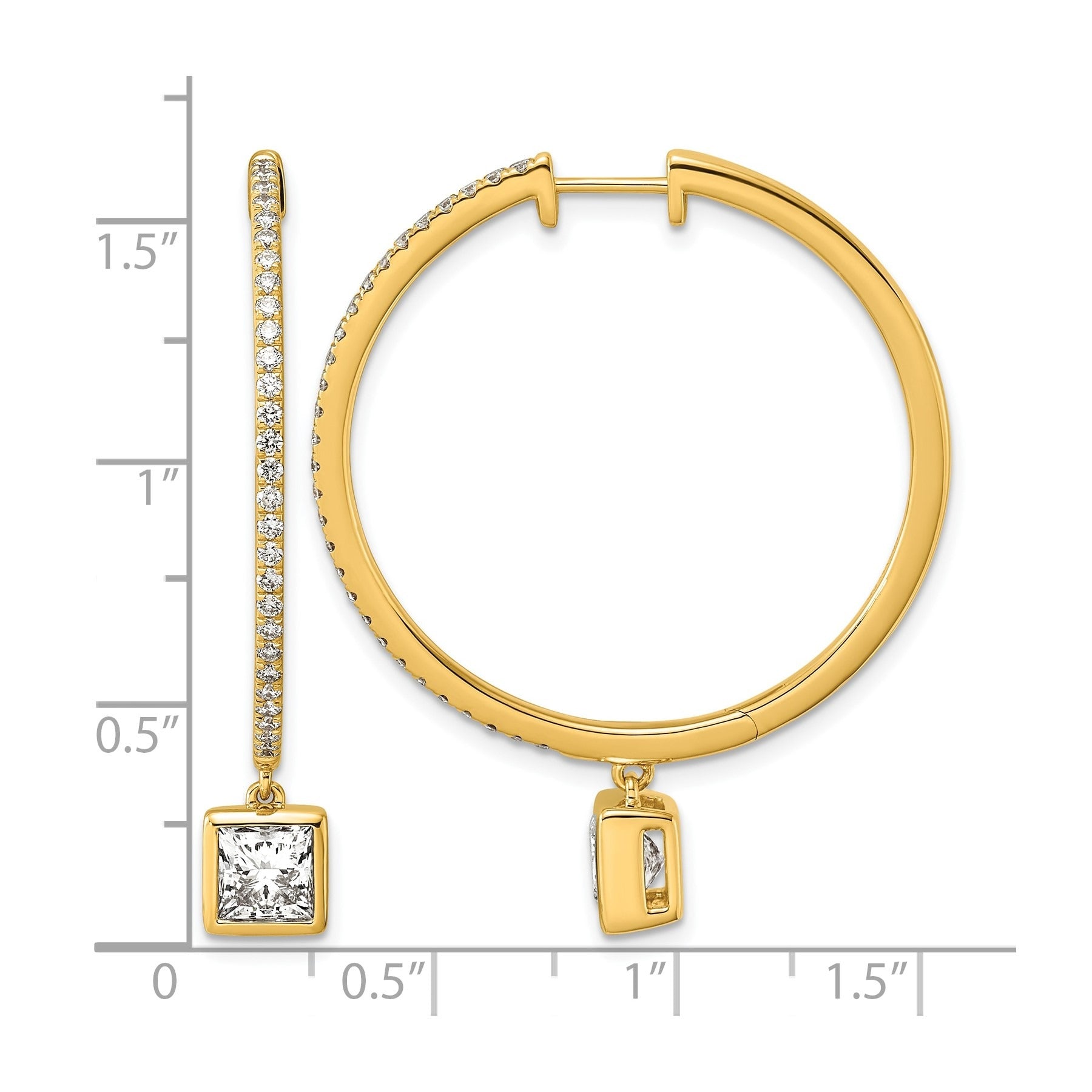 14k Yellow Gold Princess Bezel Dangle Lab Grown Diamond Hoop Earrings