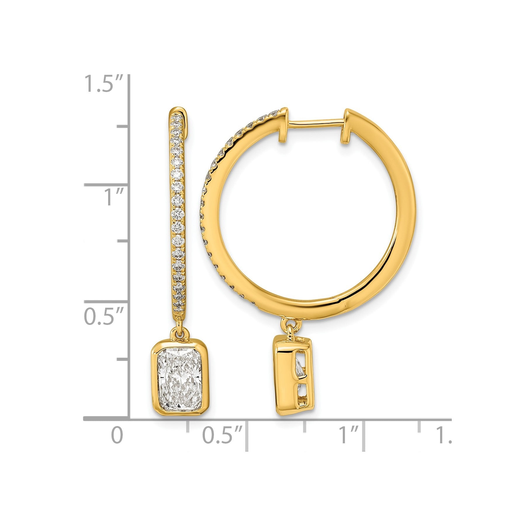 14k Yellow Emerald Bezel Dangle Lab Grown Diamond Hoop Earrings