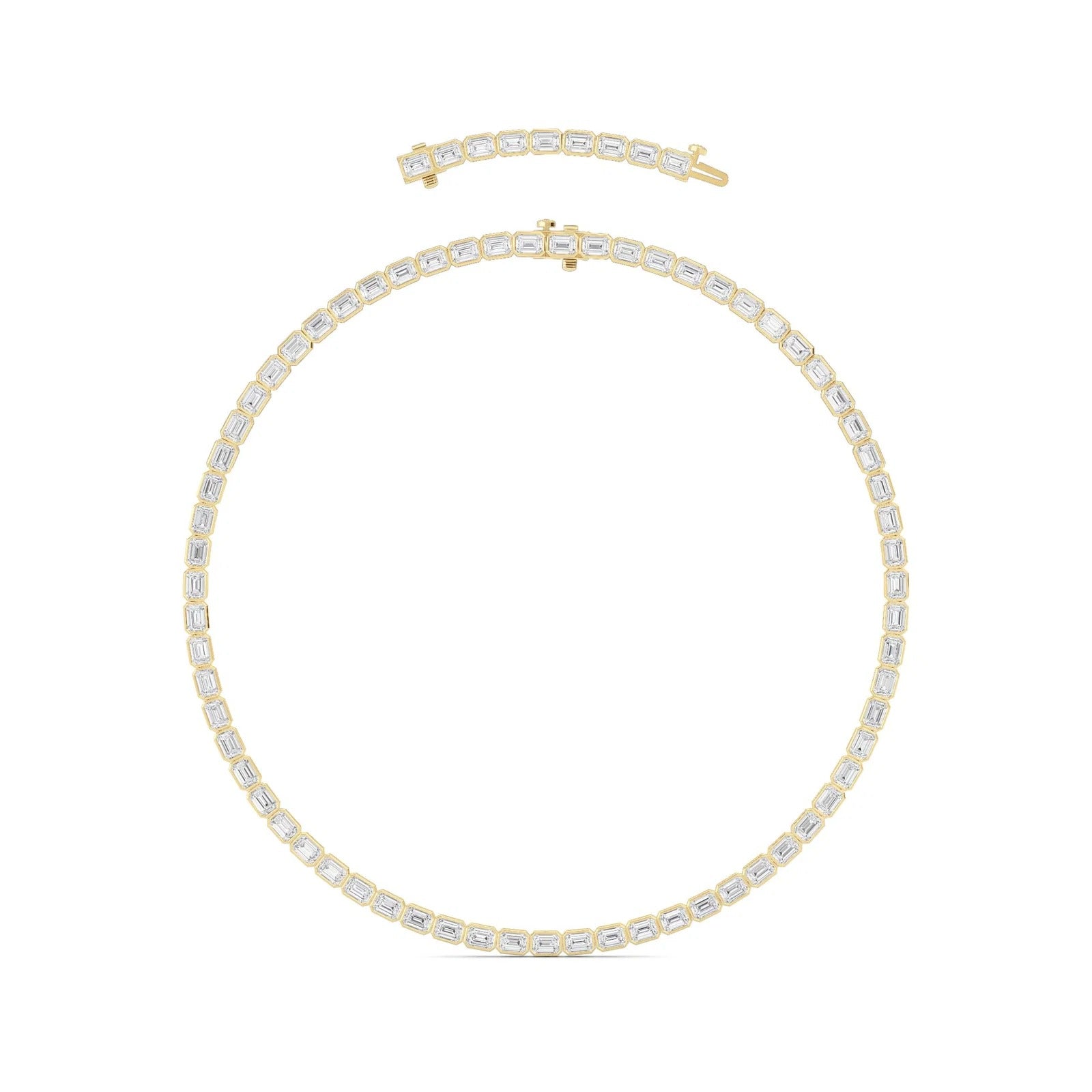 30.0 Ct Emerald (F/VS) Lab Grown Diamond Bezel 14K Yellow Gold Classic Eternity Tennis Necklace