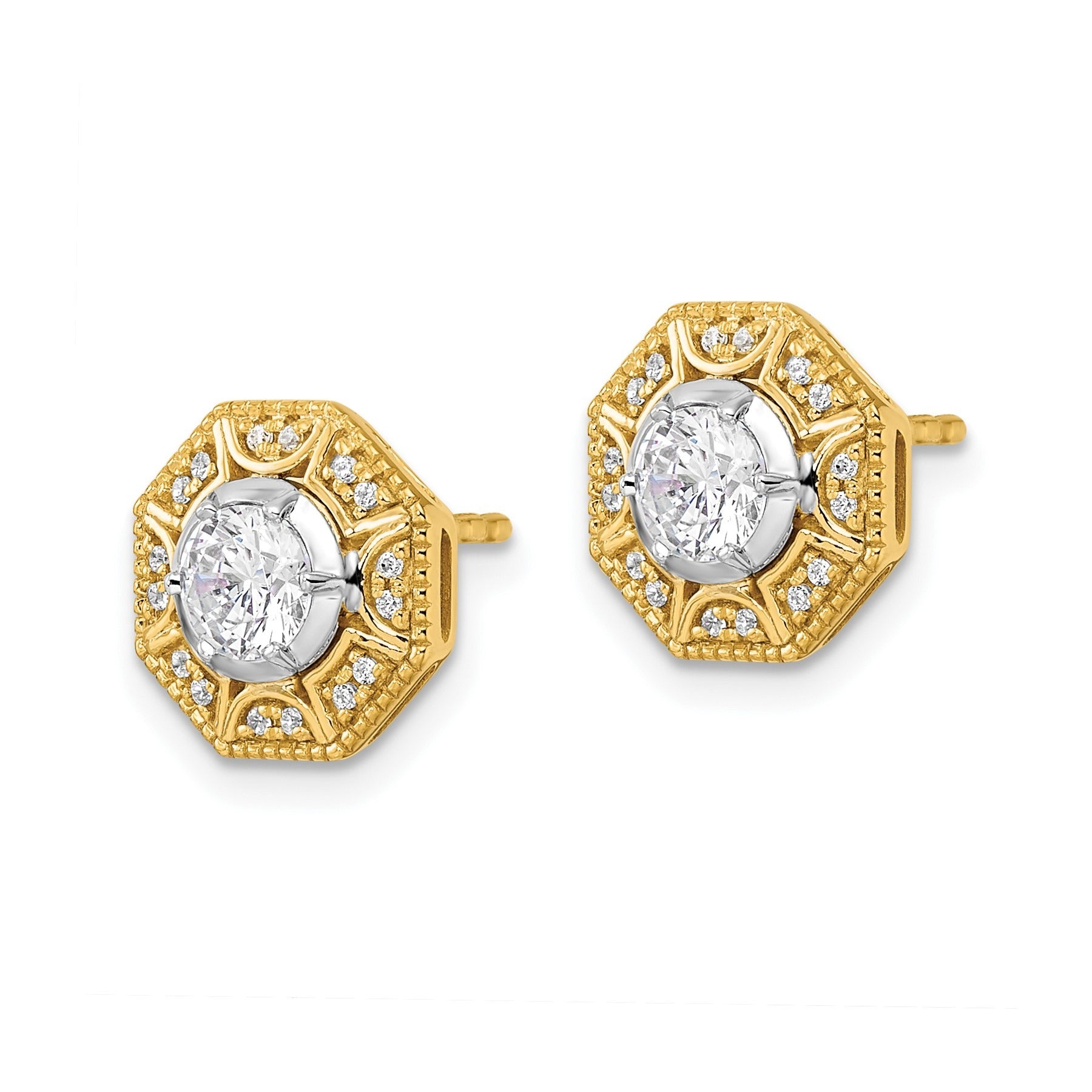 14K Two Tone Lab Grown Diamond Octogon Halo Post Stud Earrings 0.75 Ct