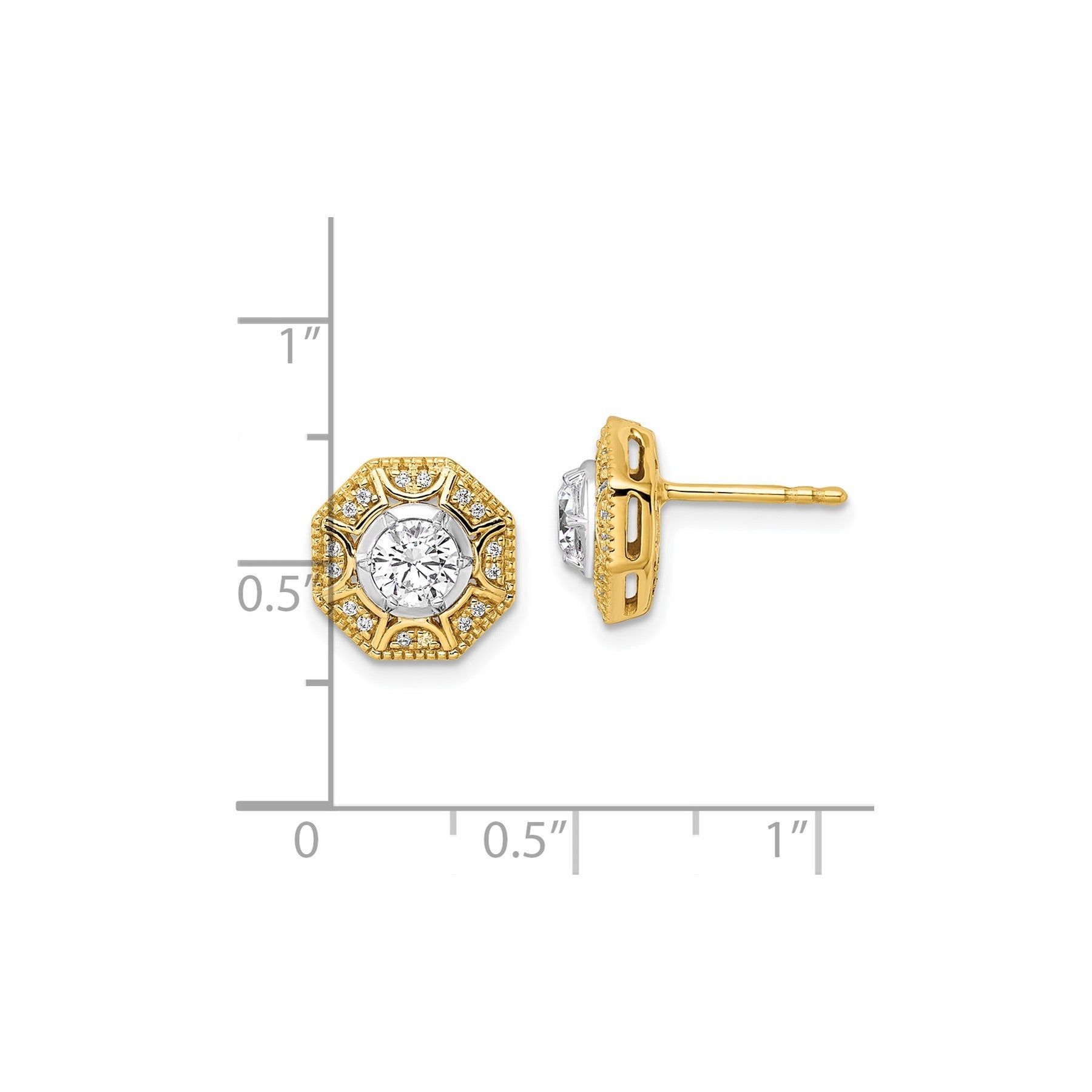 14K Two Tone Lab Grown Diamond Octogon Halo Post Stud Earrings 0.75 Ct