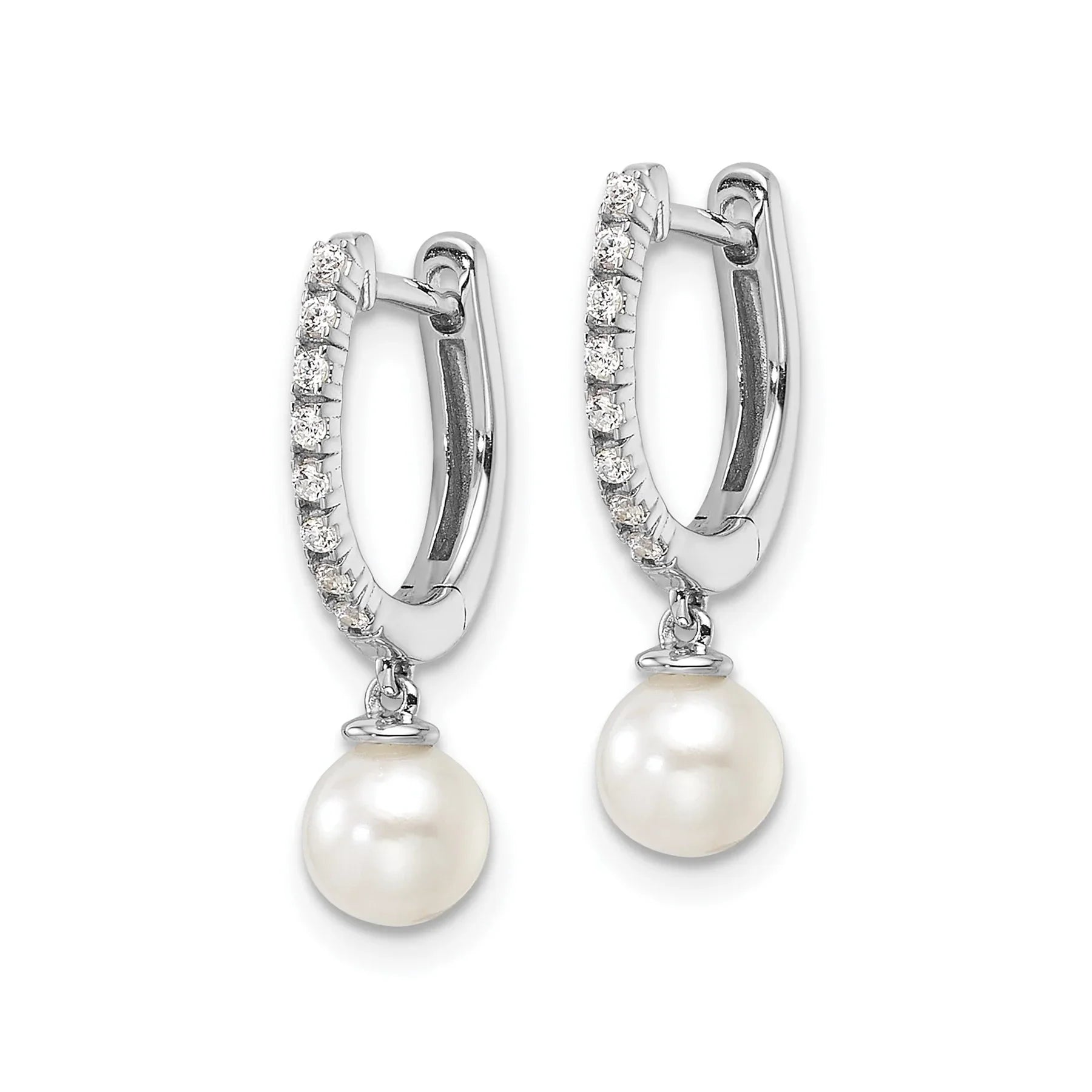 14k White Gold Lab Grown Diamond Pearl Hinged Hoop Earrings - Fine Diamond