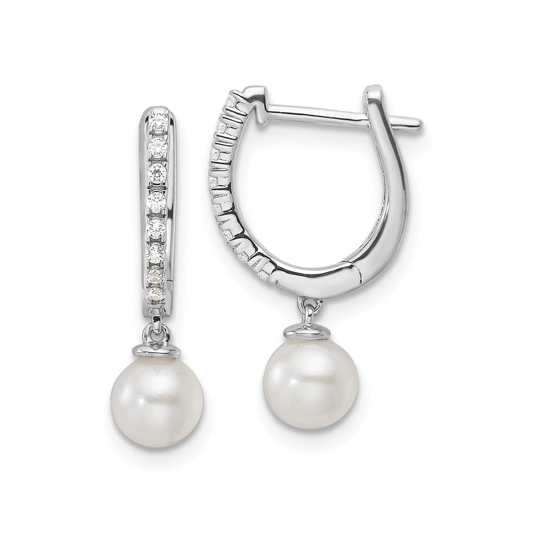 14k White Gold Lab Grown Diamond Pearl Hinged Hoop Earrings 0.1 Ct