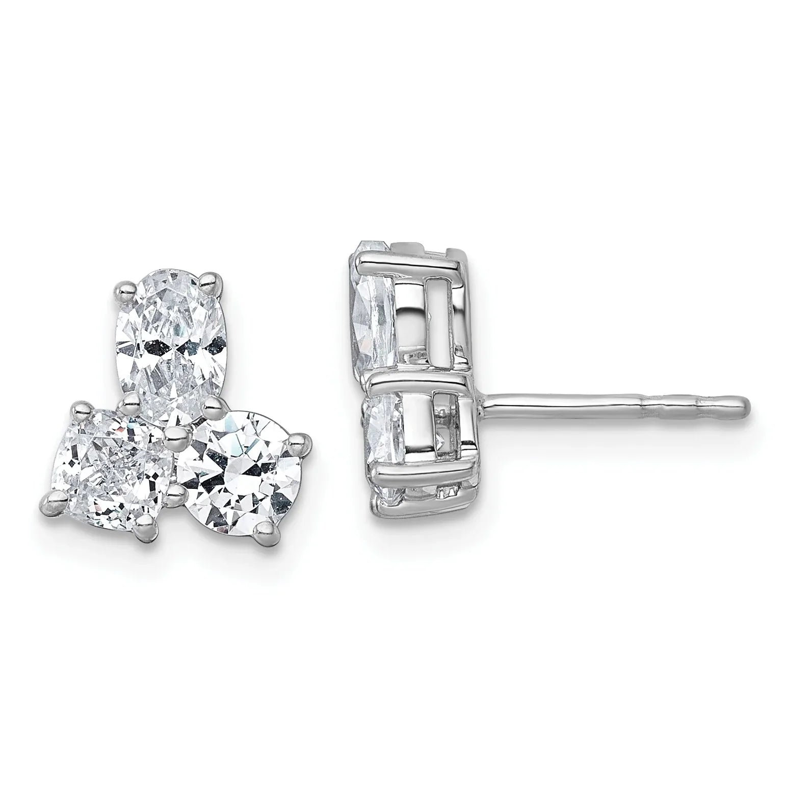 14K White Gold Lab Grown Diamond Cushion Three Stone Post Stud Earrings - Fine Diamond