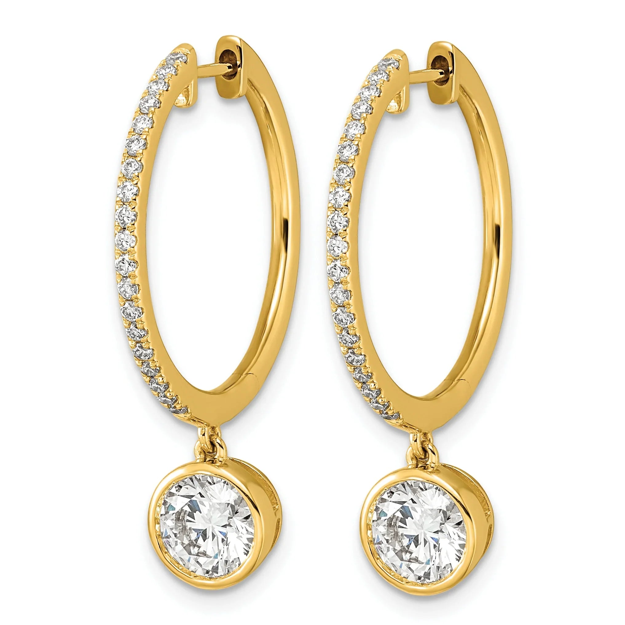 14k Yellow Gold Round Bezel Dangle Lab Grown Diamond Hoop Earrings - Fine Diamond
