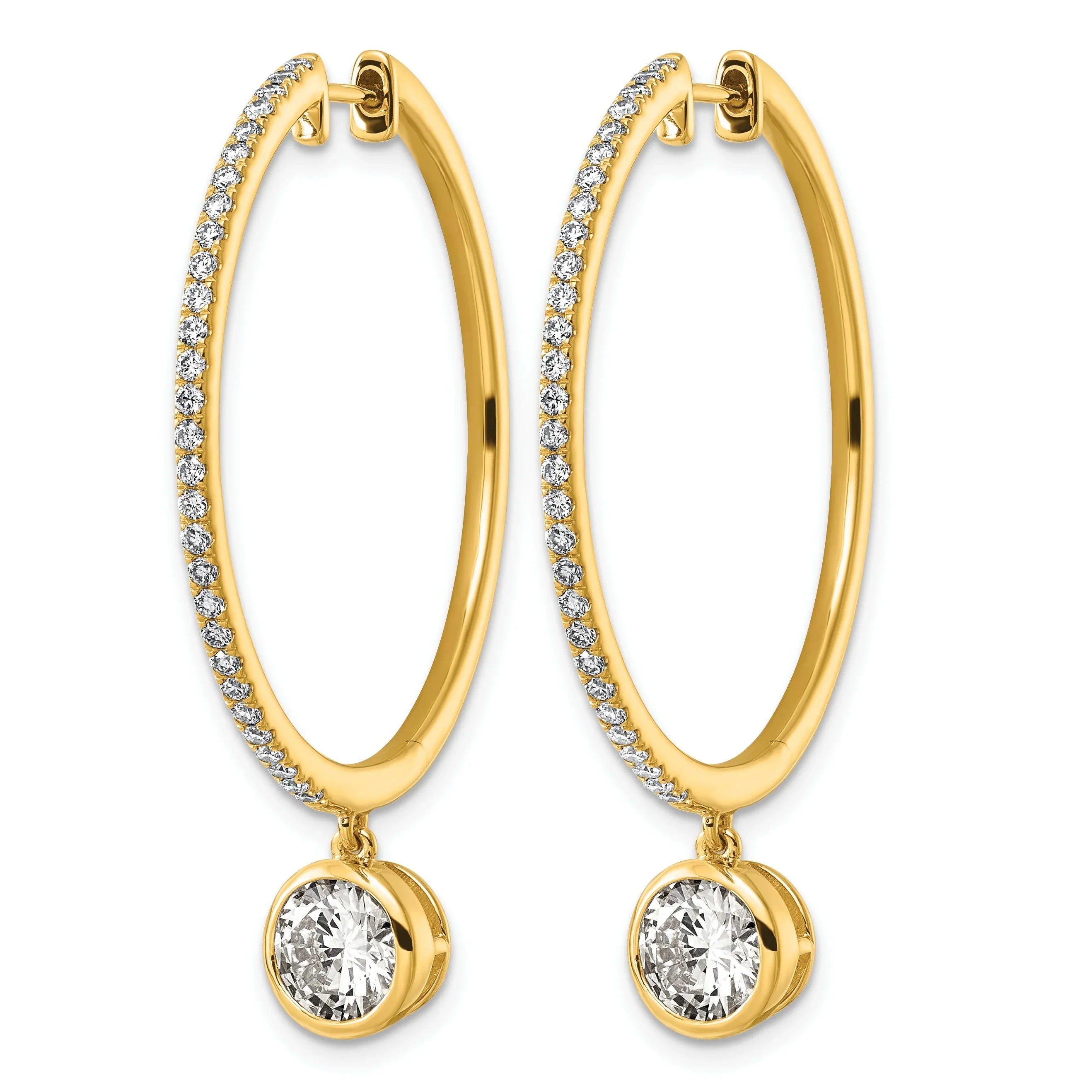 14k Yellow Gold Round Bezel Dangle Lab Diamond Hoop Earrings - Fine Diamond