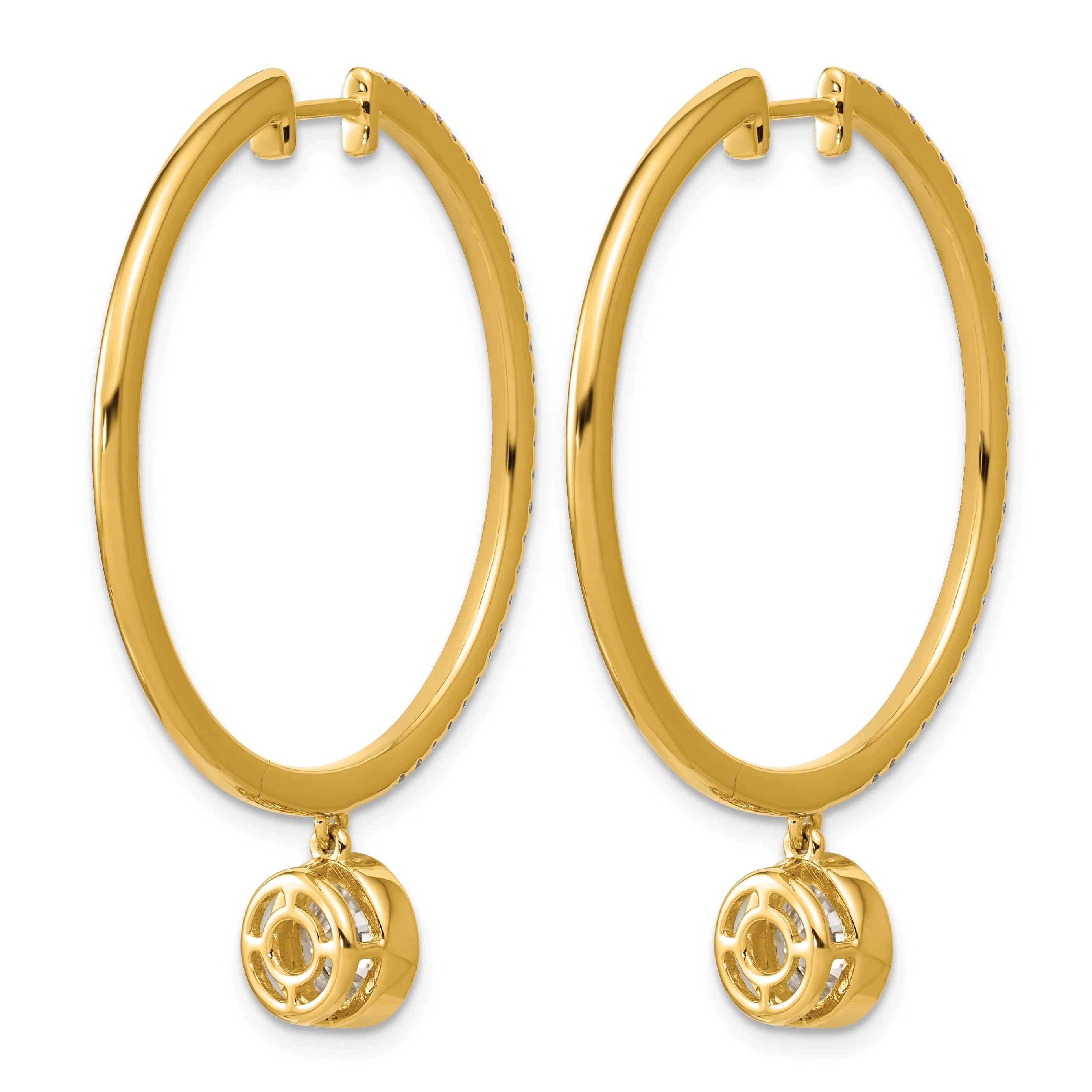 14k Yellow Gold Round Bezel Dangle Lab Diamond Hoop Earrings - Fine Diamond