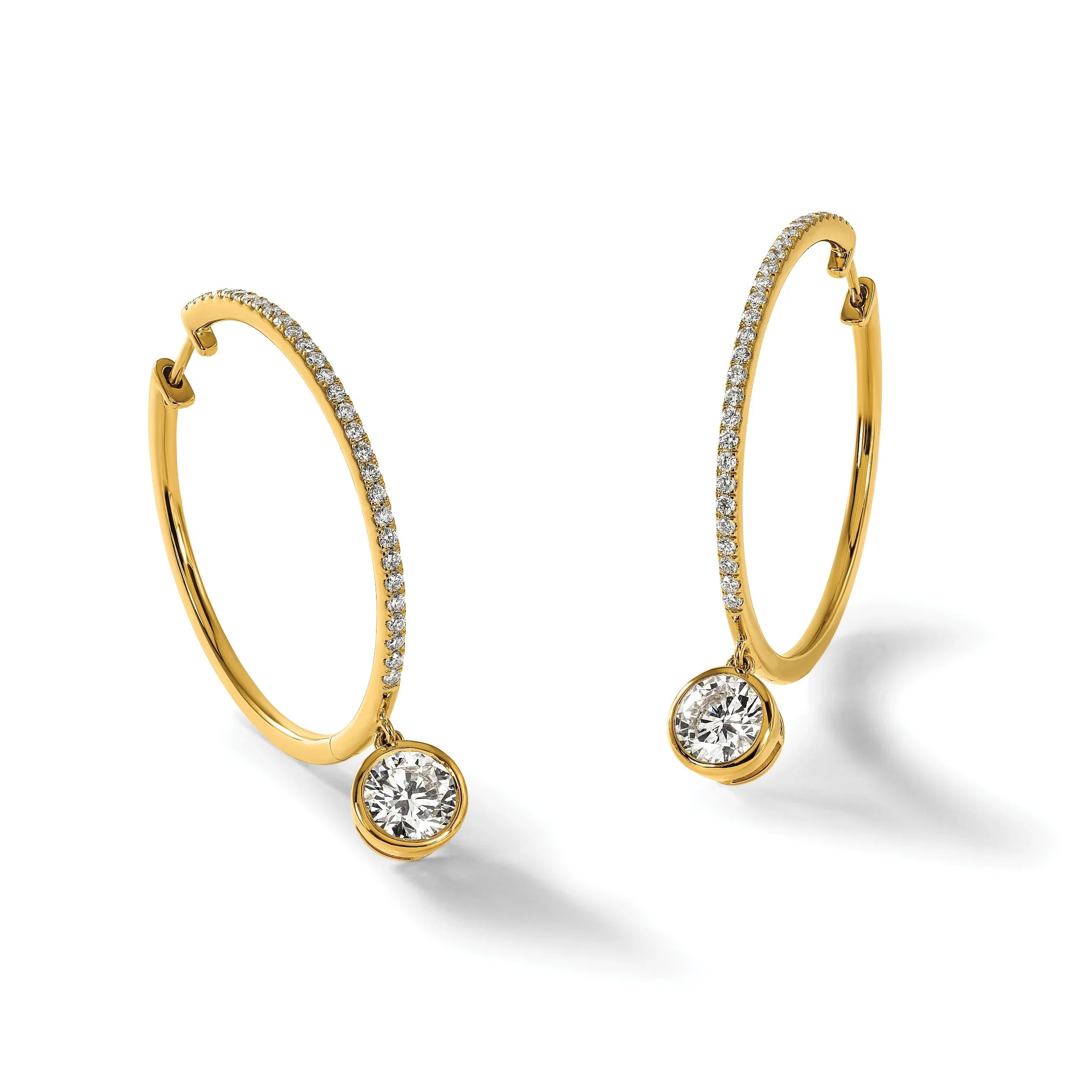 14k Yellow Gold Round Bezel Dangle Lab Diamond Hoop Earrings - Fine Diamond