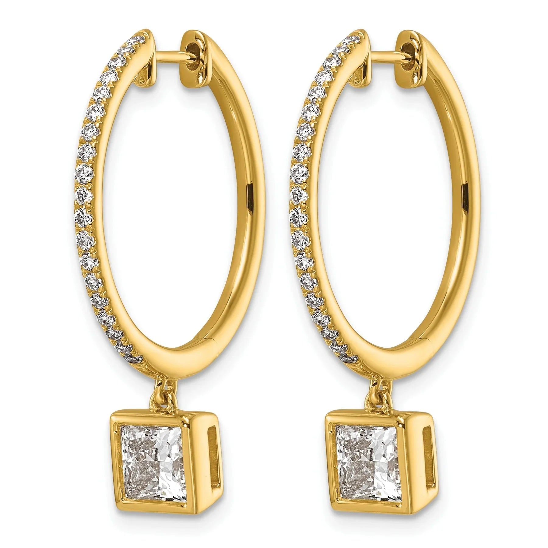14k Gold Bezel Dangle Lab Grown Diamond Hoop Earrings - Fine Diamond