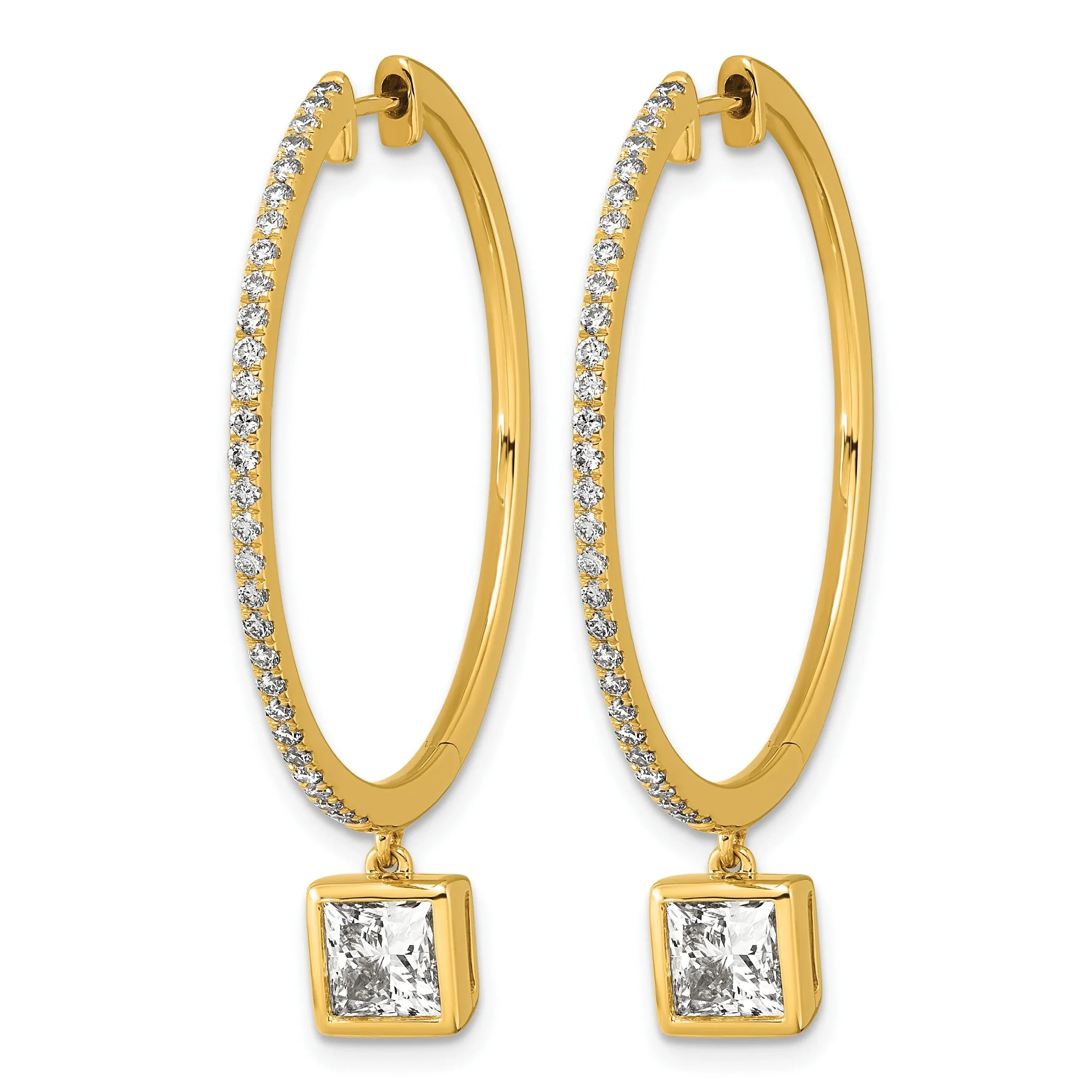 14k Yellow Gold Princess Bezel Dangle Lab Grown Diamond Hoop Earrings - Fine Diamond