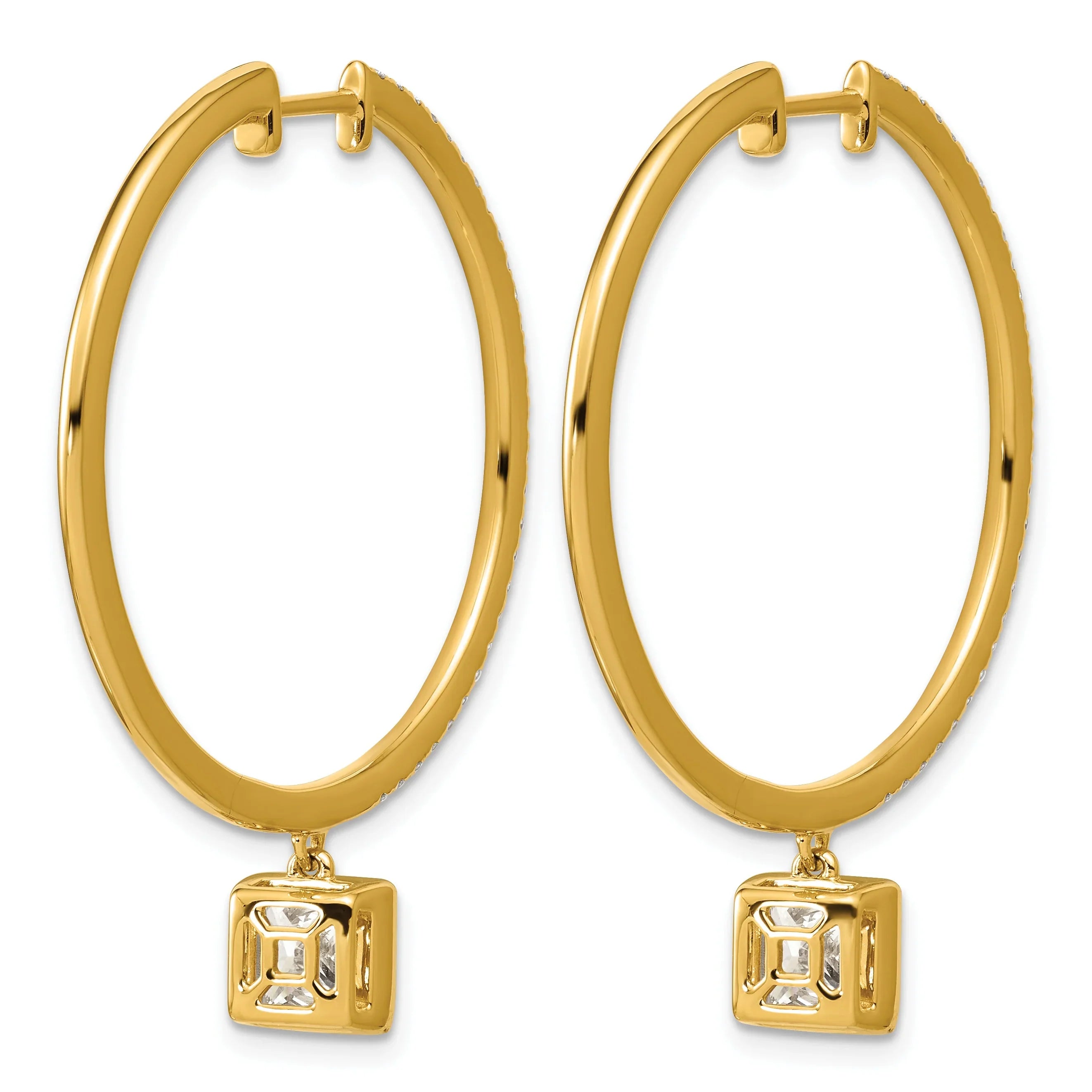 14k Yellow Gold Princess Bezel Dangle Lab Grown Diamond Hoop Earrings - Fine Diamond