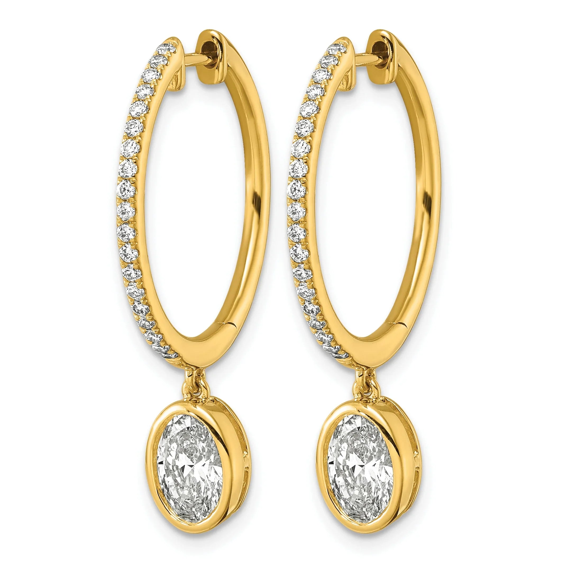 14k Yellow Gold Oval Bezel Dangle Lab Grown Diamond Hoop Earrings - Fine Diamond