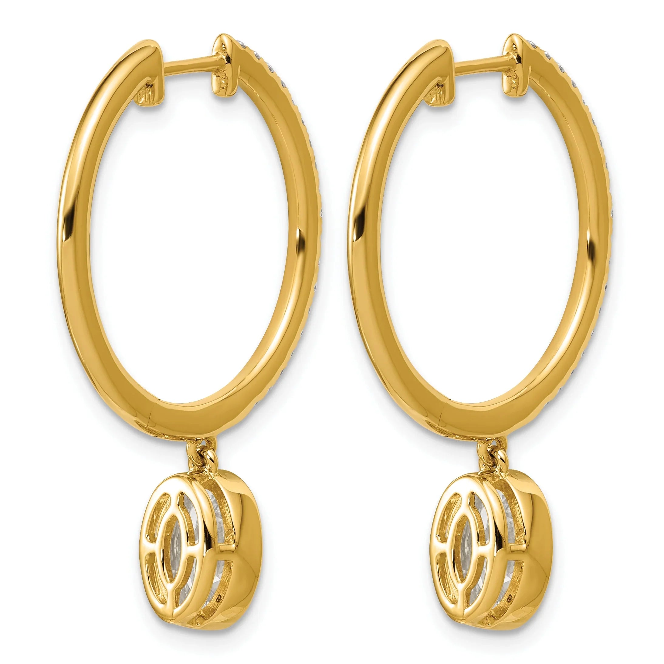 14k Yellow Gold Oval Bezel Dangle Lab Grown Diamond Hoop Earrings - Fine Diamond