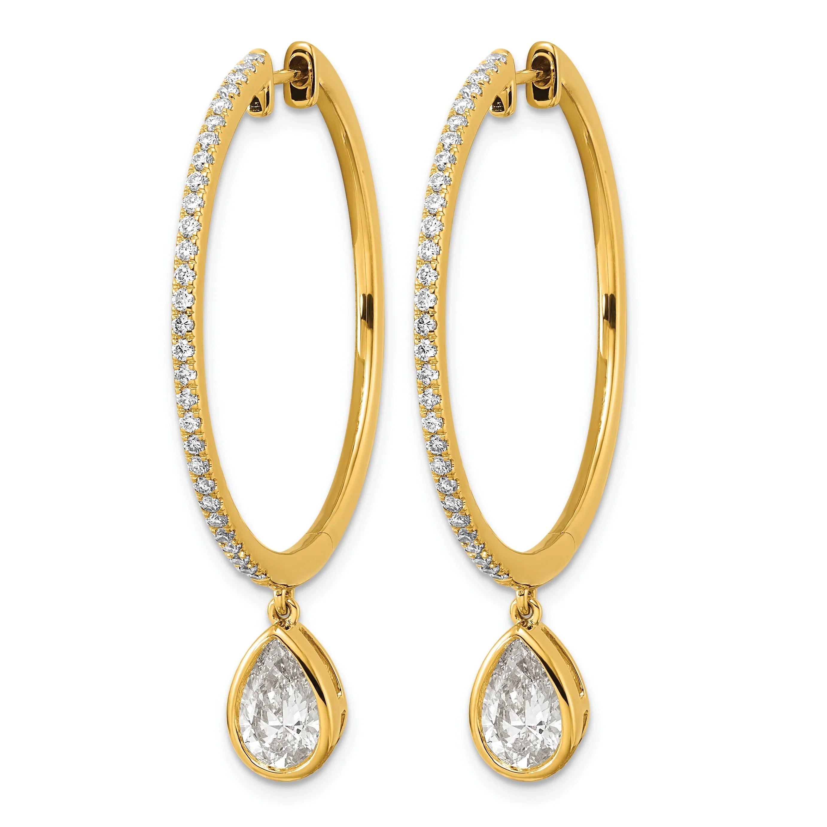 14k Yellow Gold Pear Bezel Dangle Lab Grown Diamond Hoop Earrings - Fine Diamond