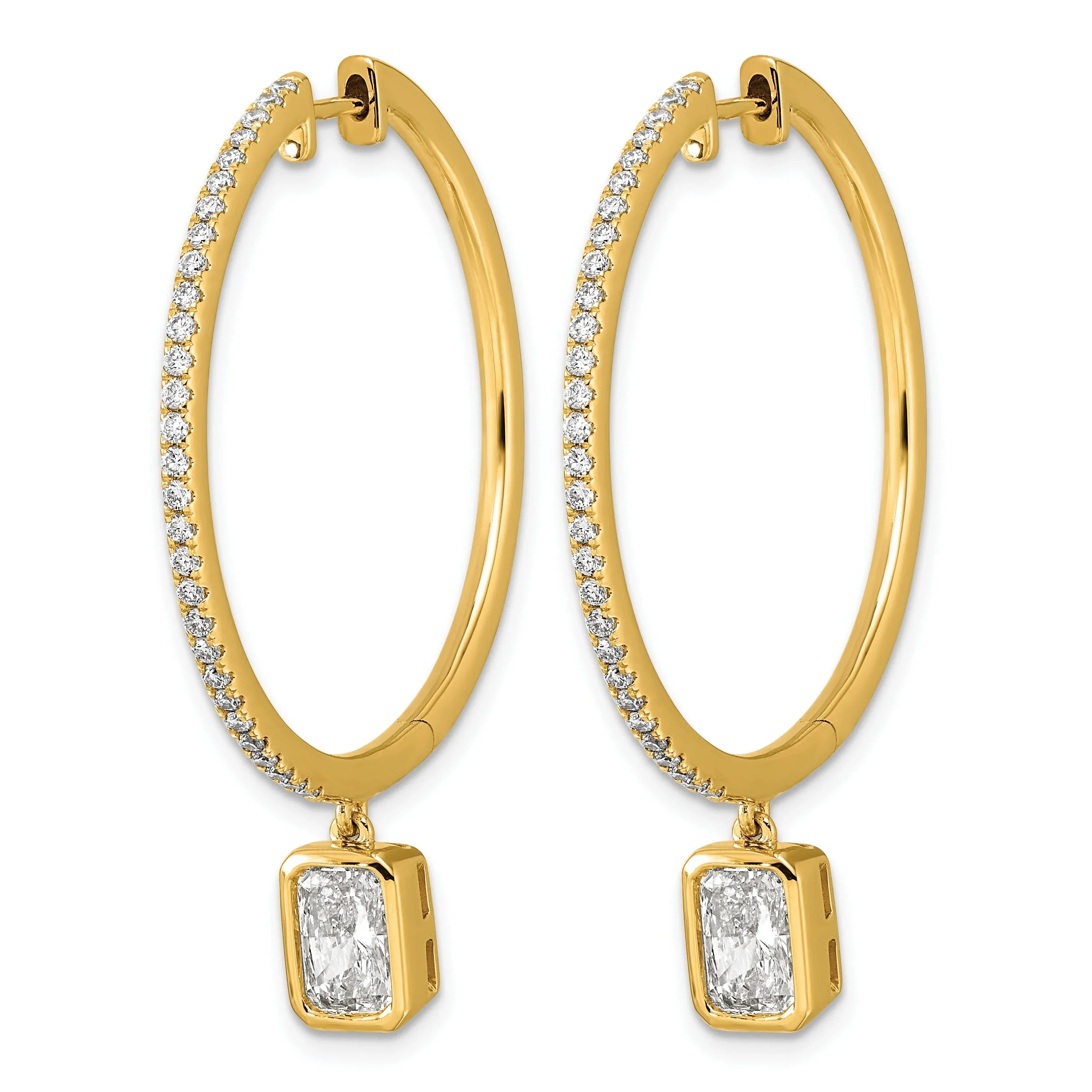 14k Yellow Gold Emerald Bezel Dangle Lab Diamond Hoop Earrings - Fine Diamond