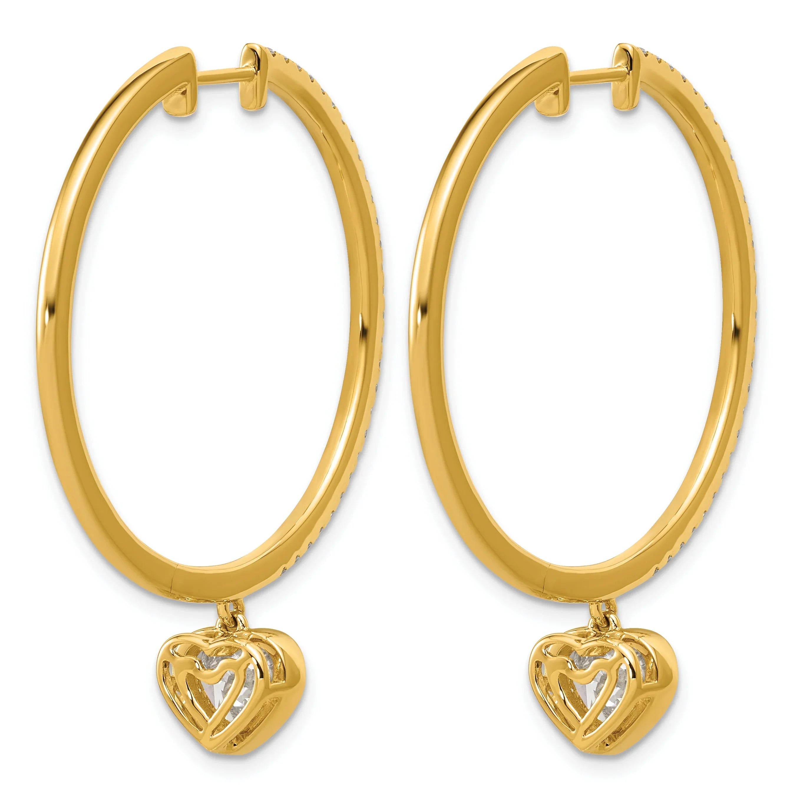 14k Yellow Gold Heart Bezel Dangle Lab Diamond Hoop Earrings - Fine Diamond